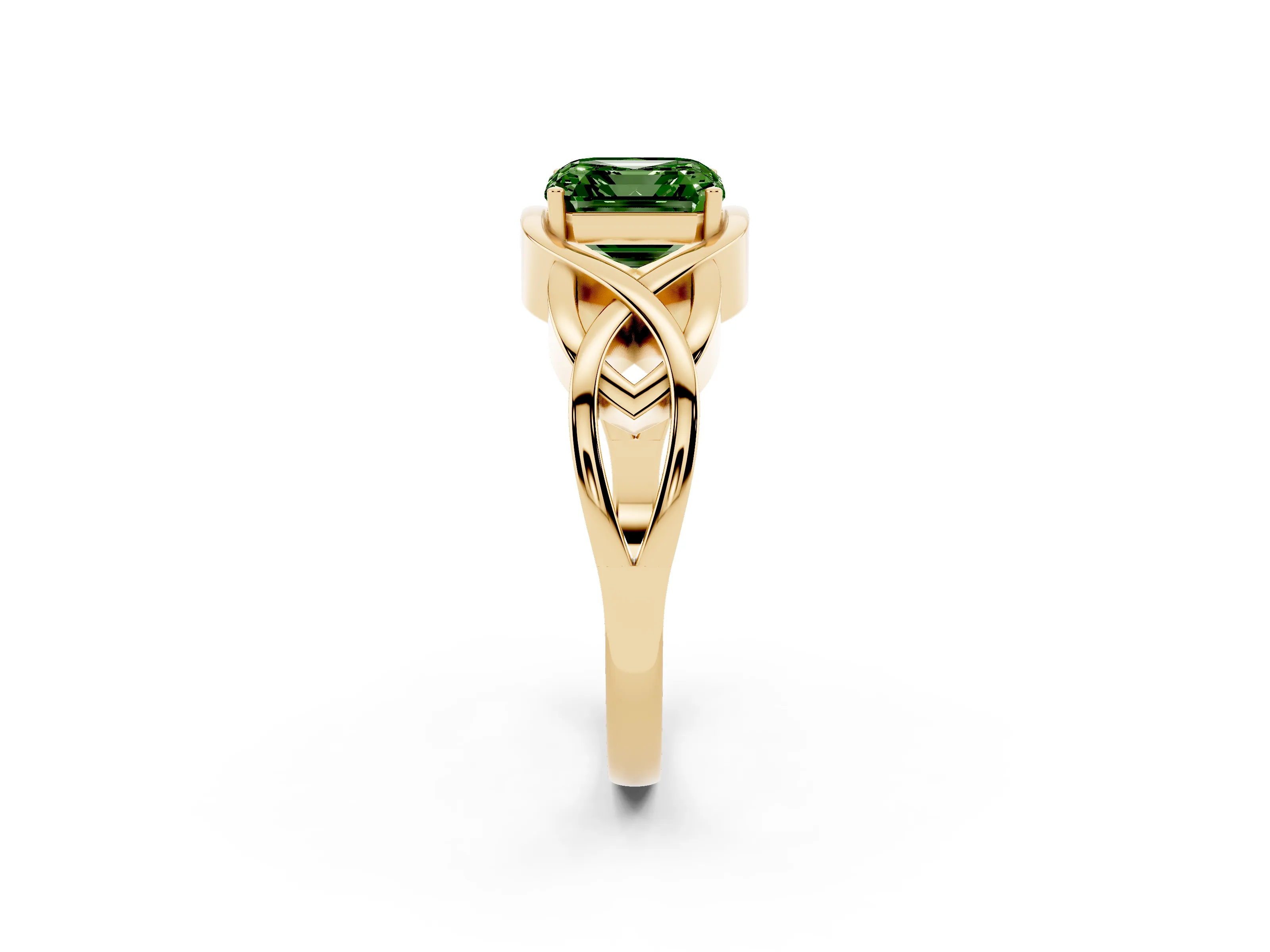 Fancy Green Asscher Cut Diamond Solitaire Ring Set in Yellow gold with Intertwined Band