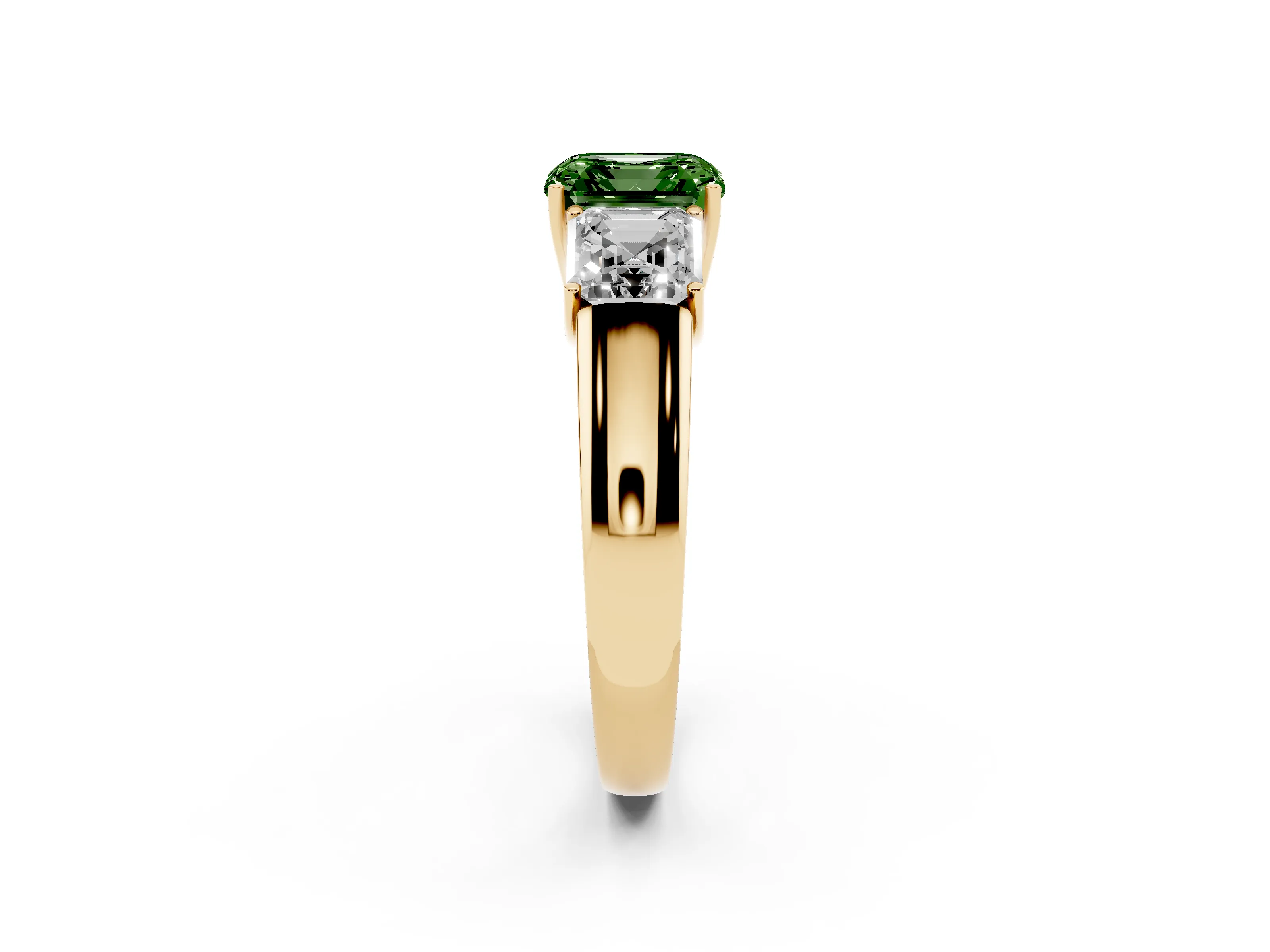 Fancy Green Three-Stone Asscher Cut Diamond Ring Set in Yellow gold with Matching Prong Settings and Plain Band
