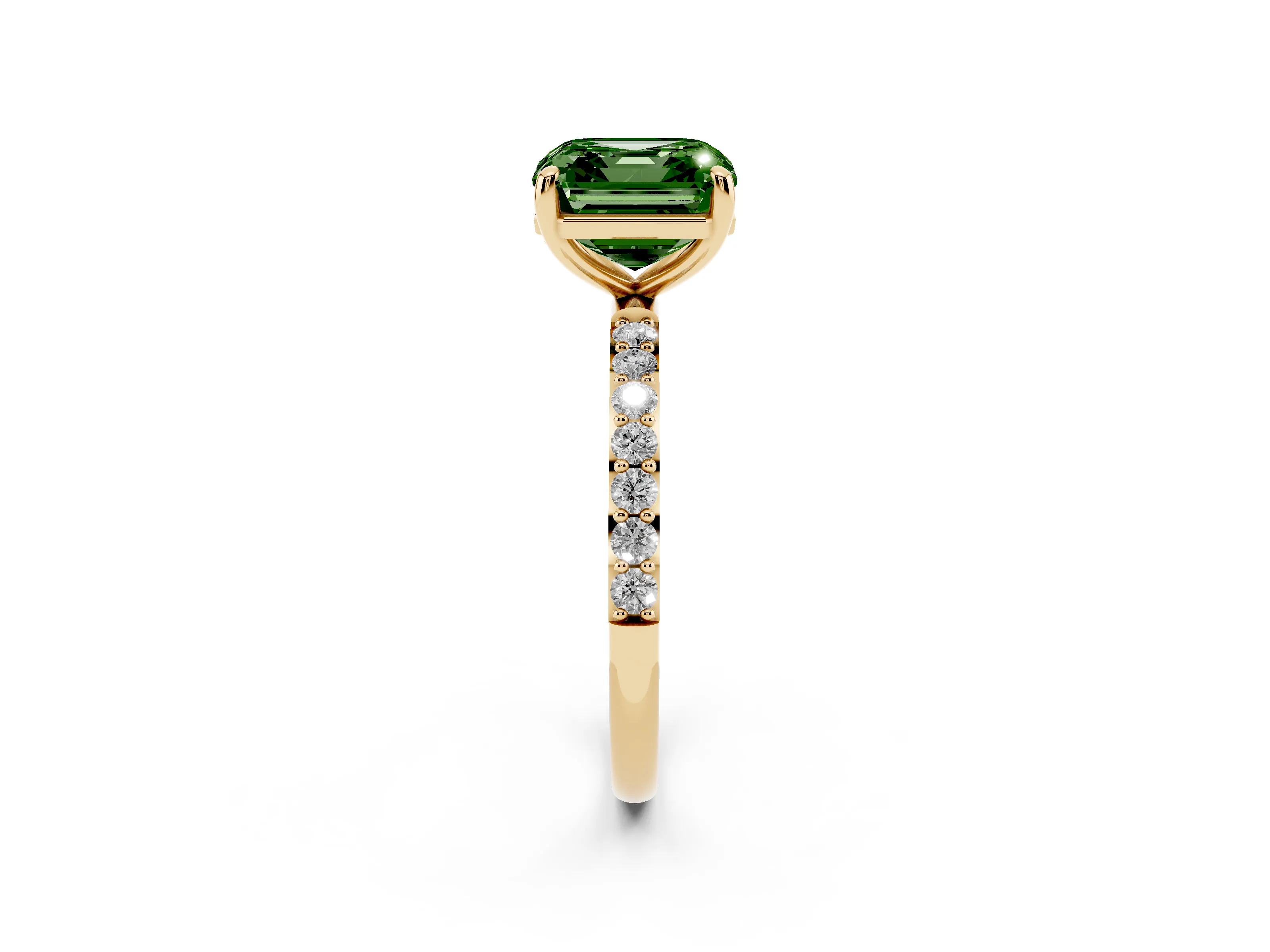 Fancy Green Asscher Cut Diamond Solitaire Ring Set in Yellow gold with Round Pavé Band and Prong Setting