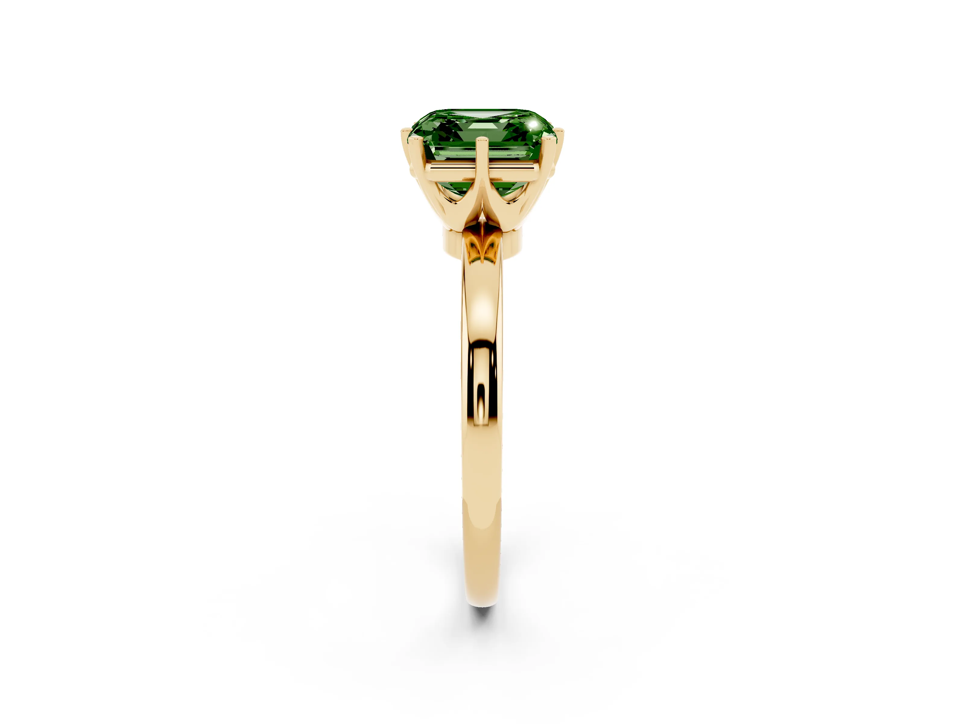 Fancy Green Asscher Cut Diamond Solitaire Ring Set in Yellow gold with Raised Prong Setting on a Classic Band