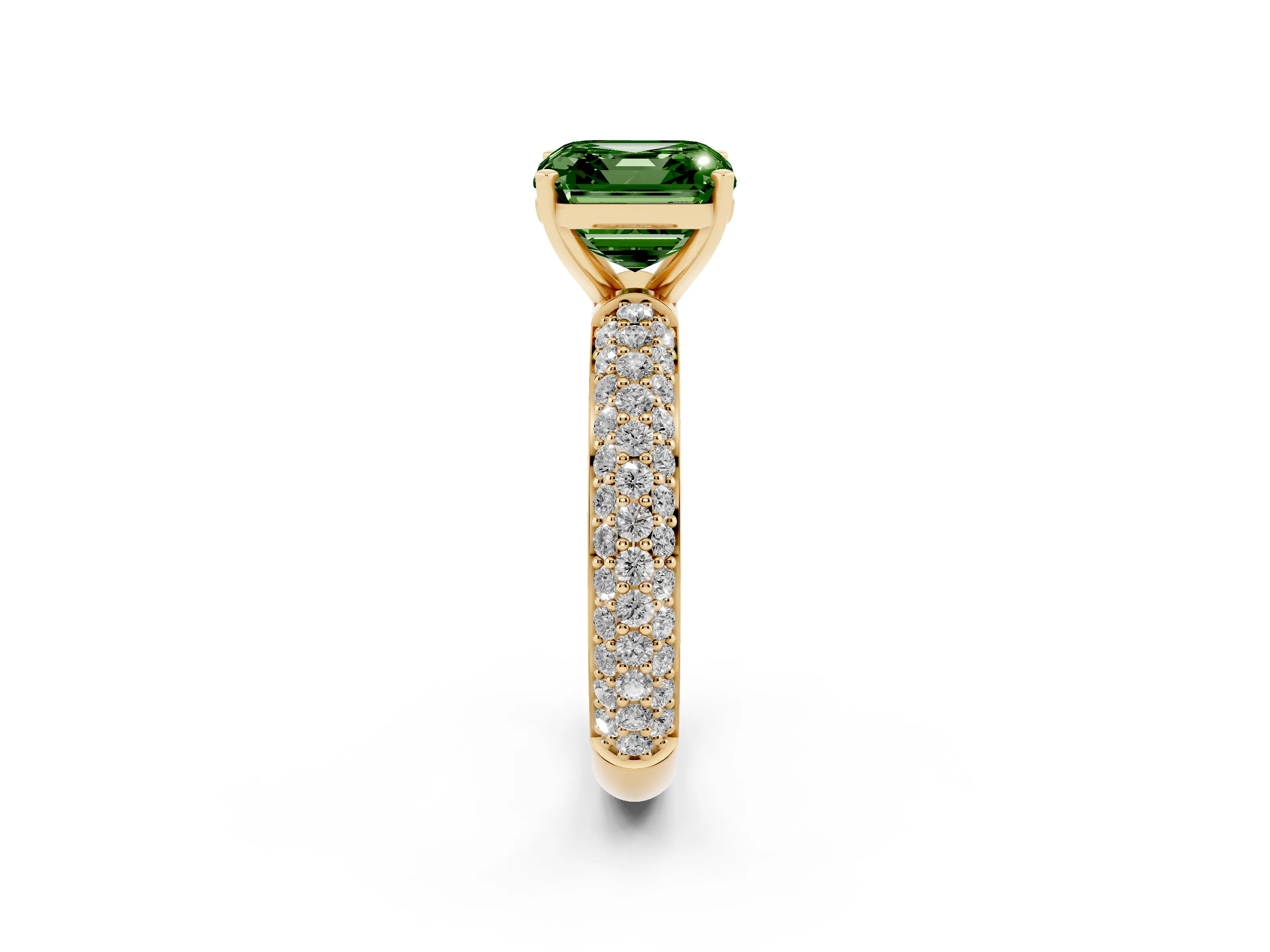 Fancy Green Asscher Cut Diamond Solitaire Ring Set in Yellow gold with Prong Setting and Pavé-Set Band