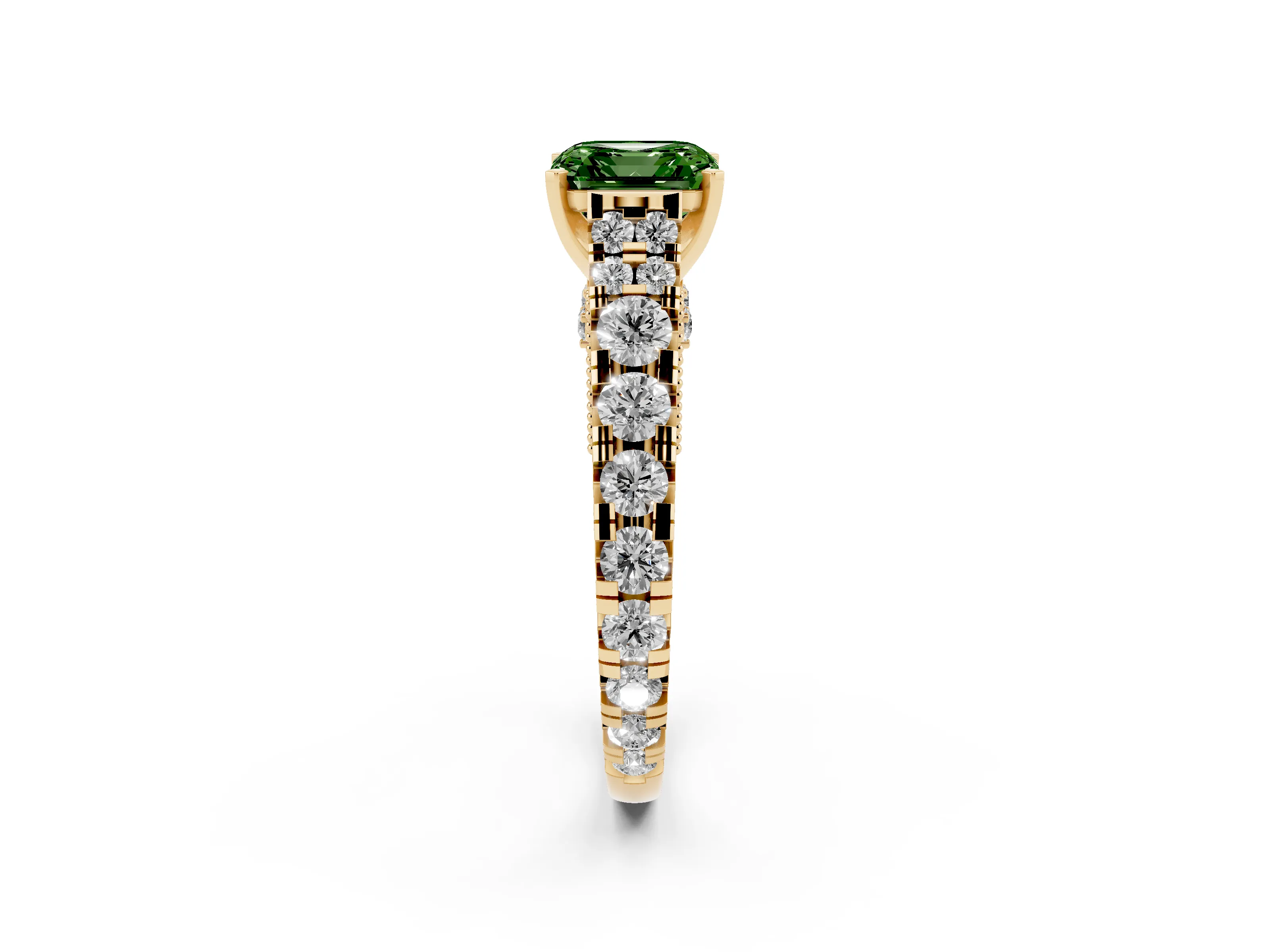 Fancy Green Asscher Cut Diamond Classic Solitaire Ring Set in Yellow gold with Pavé Band and Prong Setting