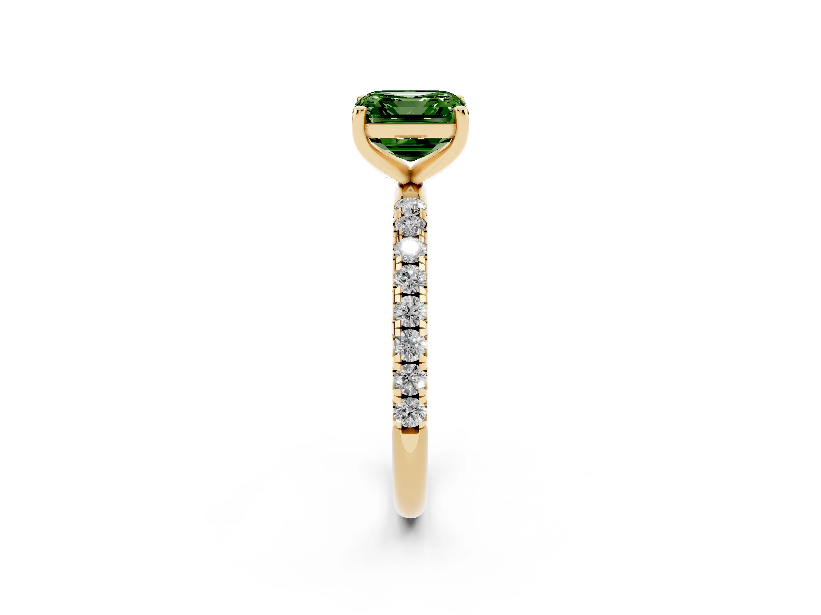 Fancy Green Asscher Cut Diamond Solitaire Ring Set in Yellow gold with Micro Pavé Band and Prong Setting