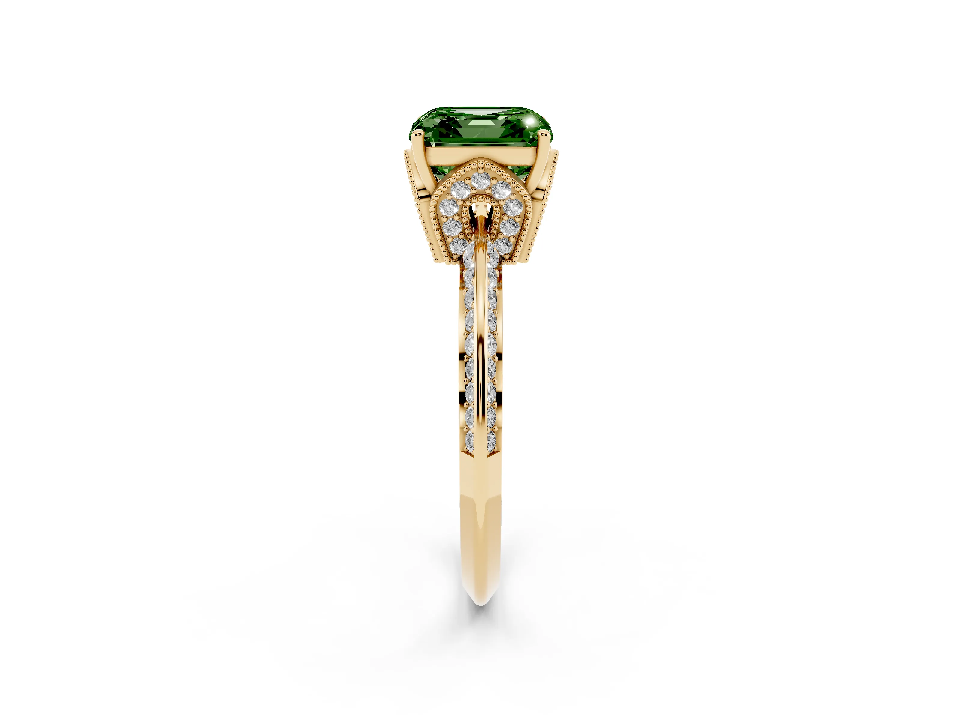 Fancy Green Asscher Cut Diamond Solitaire Engagement Ring Set in Yellow gold with Pavé Split Shank and Prong Setting