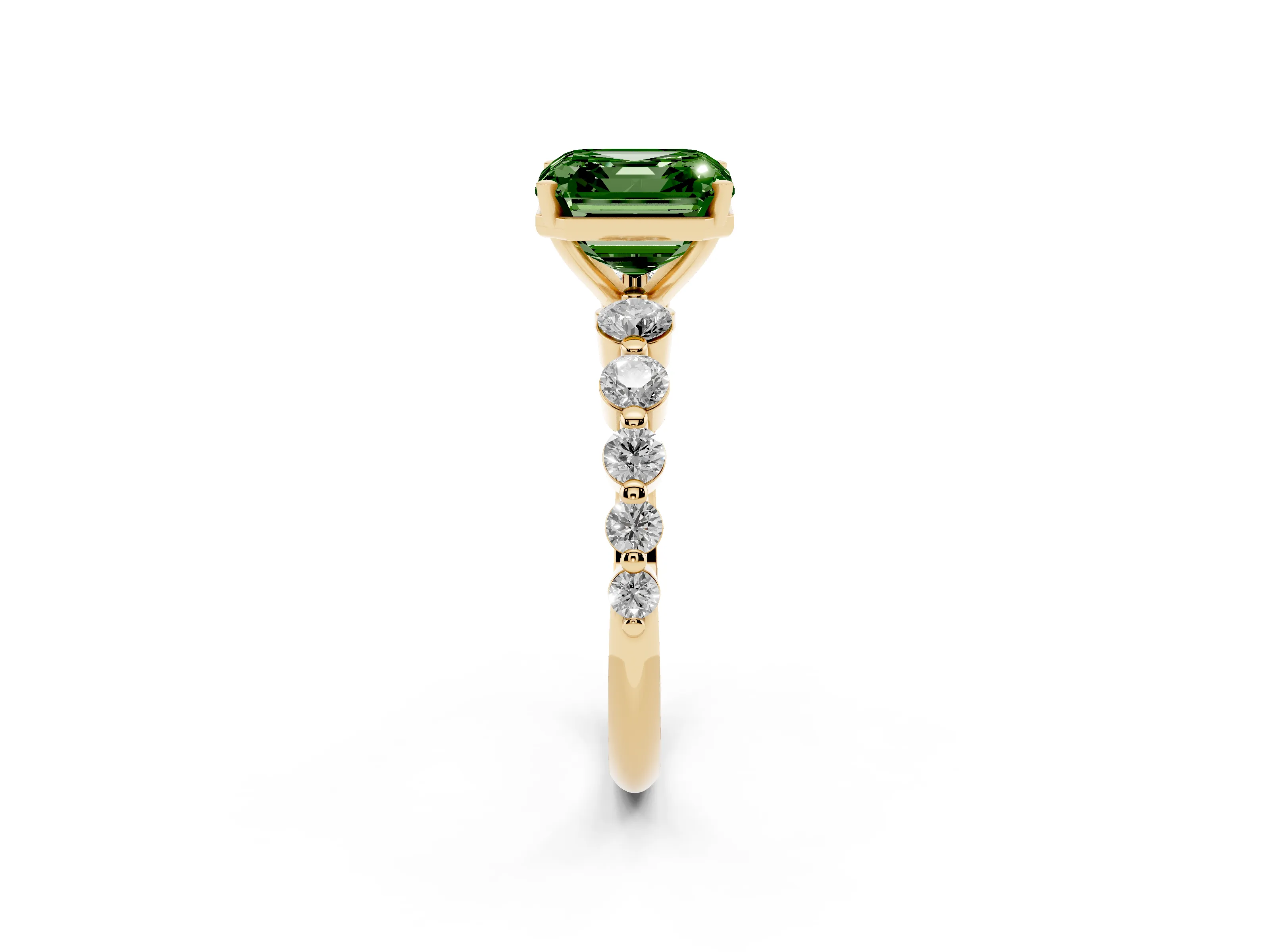 Fancy Green Asscher Cut Diamond Solitaire Ring Set in Yellow gold with Pavé Band and Prong Setting