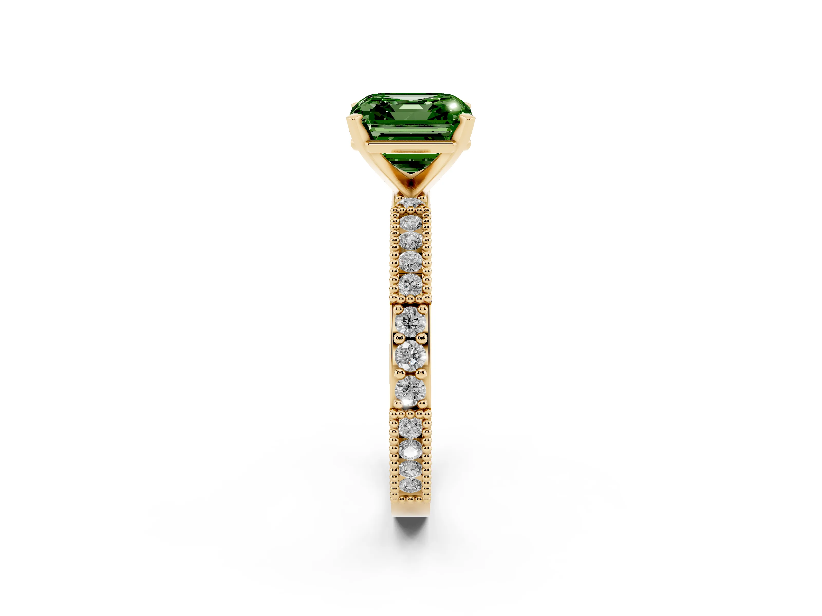 Fancy Green Asscher Cut Diamond Solitaire Ring Set in Yellow gold with Slim Pavé Band and Prong Setting