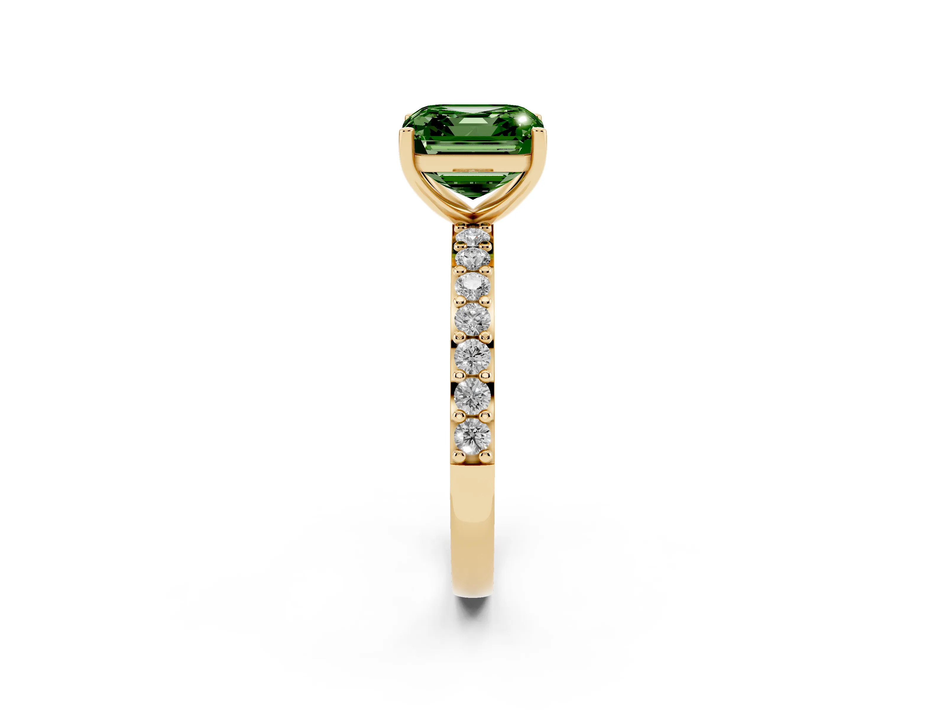 Fancy Green Asscher Cut Diamond Solitaire Set in Yellow gold with Round Pavé Band and Prong Setting