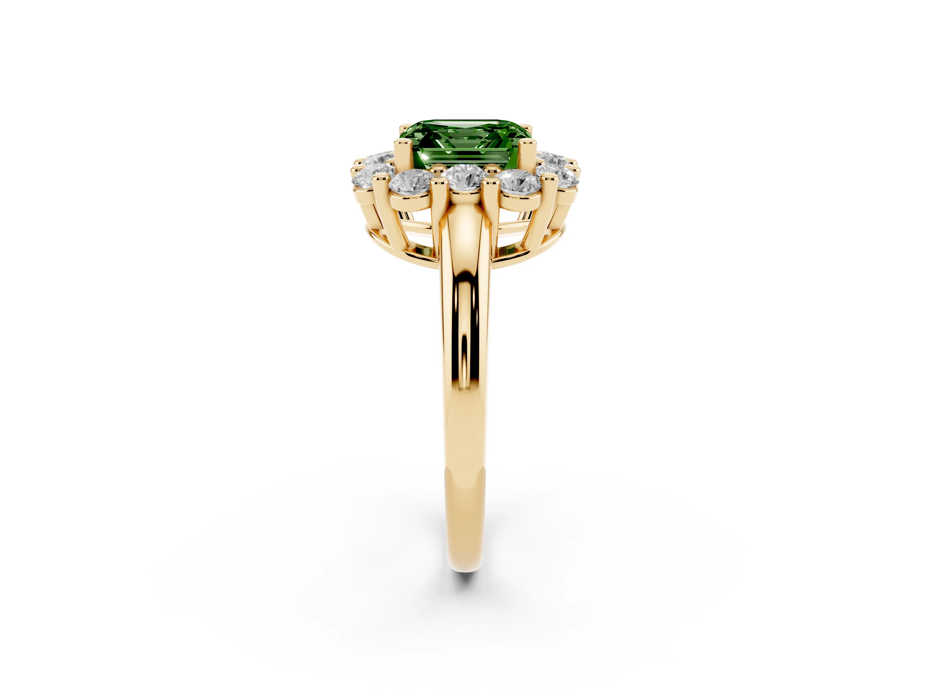 Fancy Green Asscher Cut Diamond Halo Cluster Engagement Ring Set in Yellow gold with Polished Band and Prong Setting