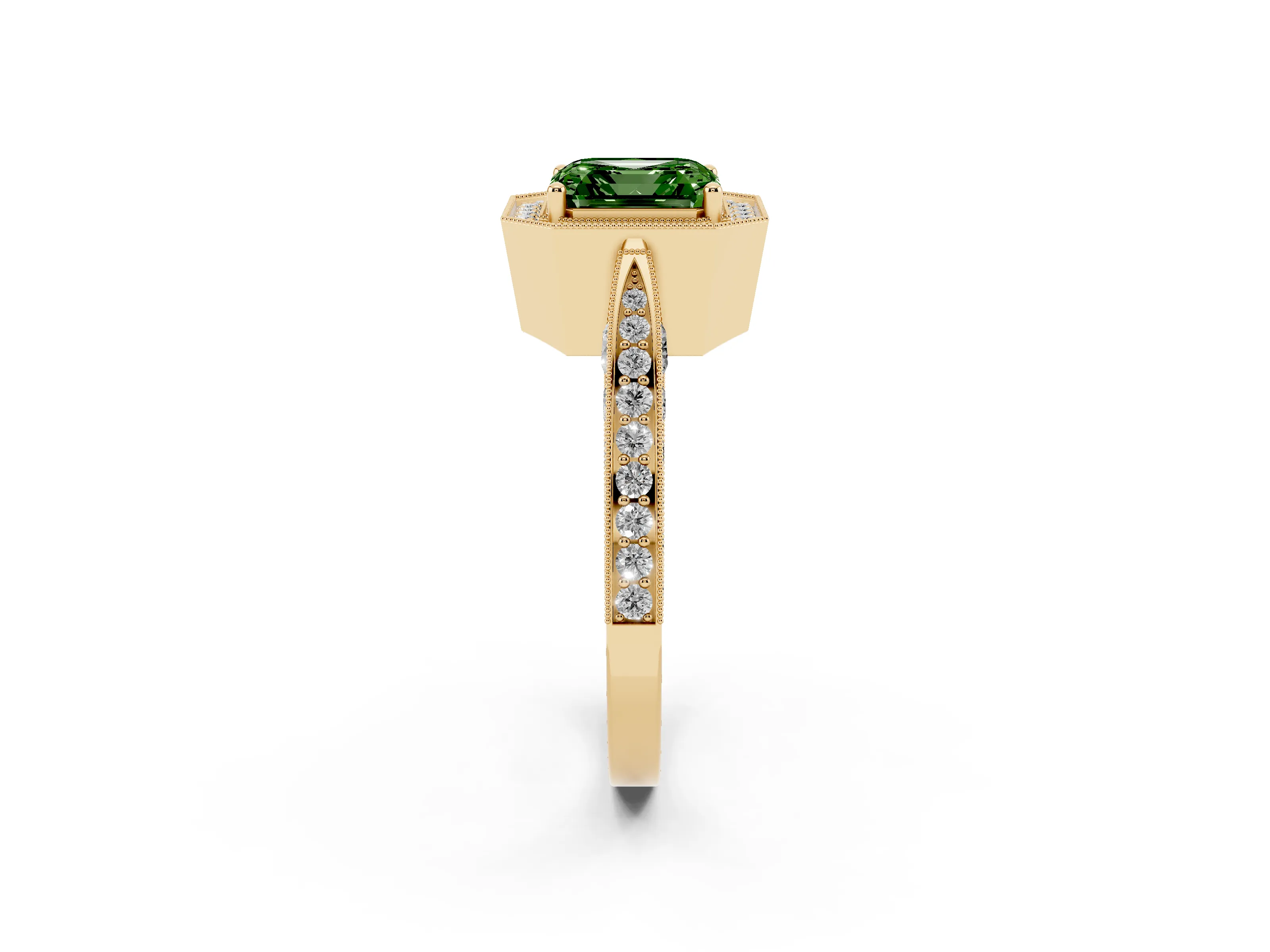 Fancy Green Asscher Cut Diamond Halo Engagement Ring Set in Yellow gold with Accent Split Shank Band