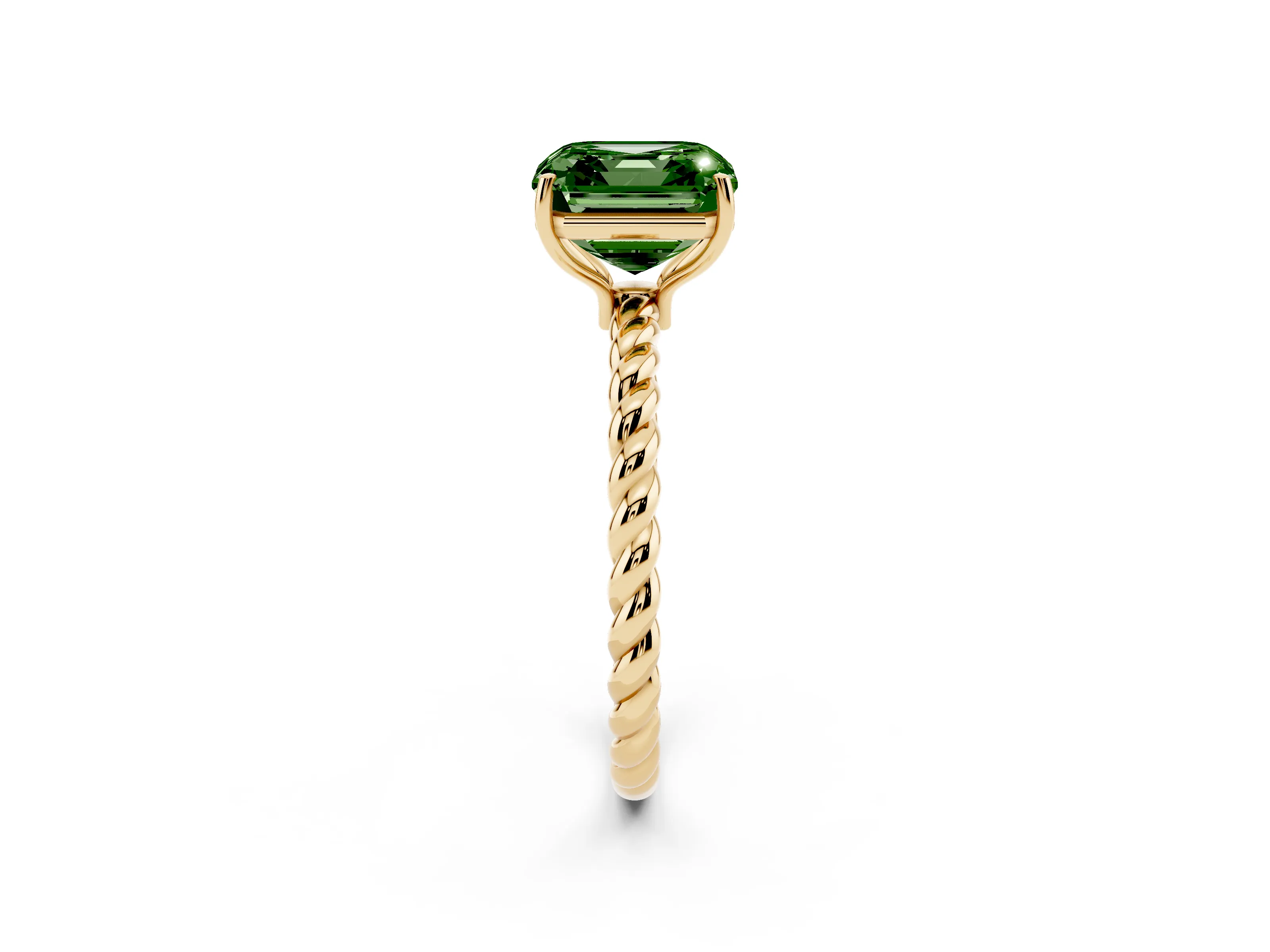 Fancy Green Asscher Cut Diamond Solitaire Ring Set in Yellow gold with Twist Band and Prong Setting