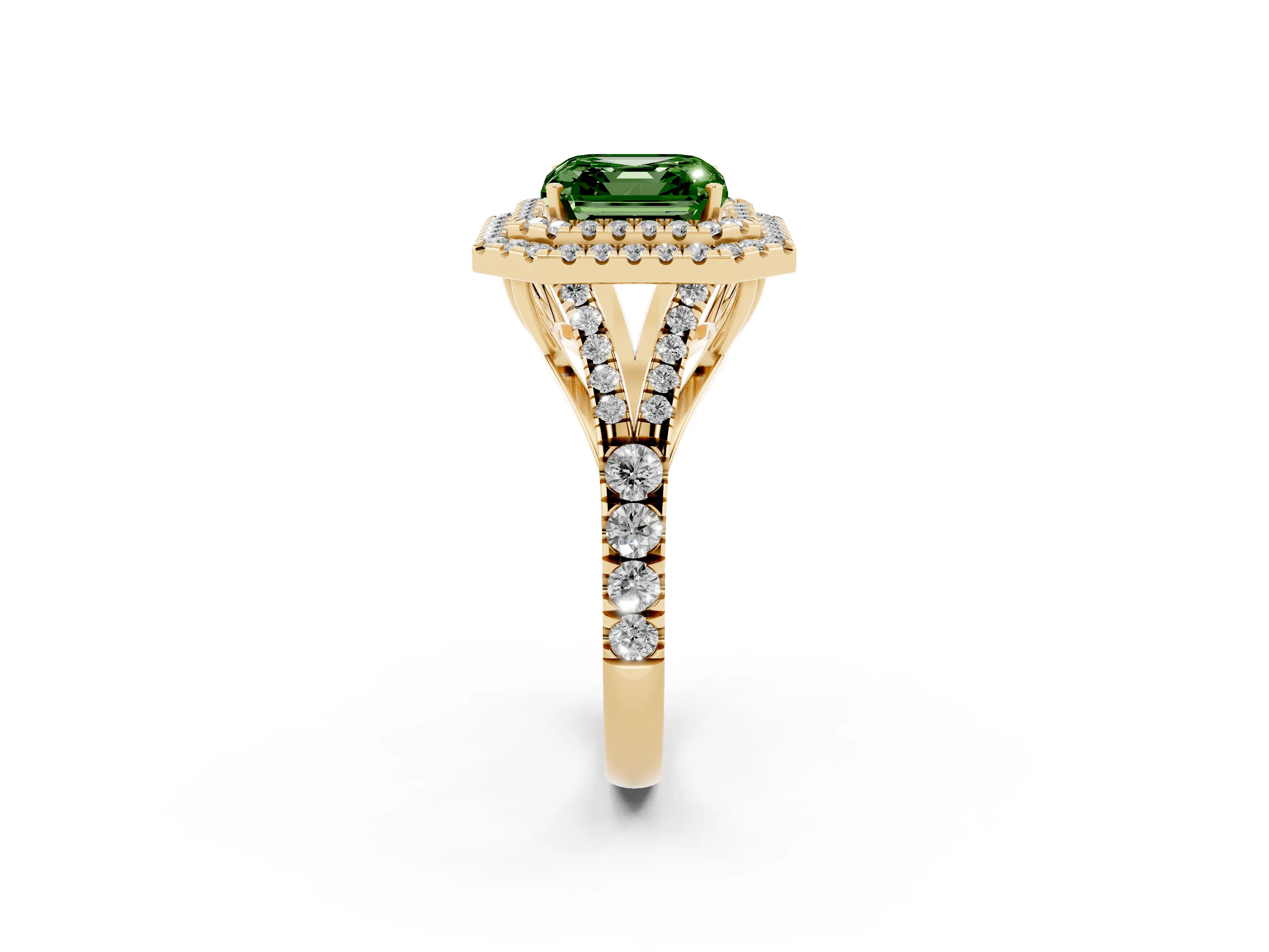 Fancy Green Asscher Cut Diamond Pavé Split Shank Double Halo Engagement Ring Set in Yellow gold