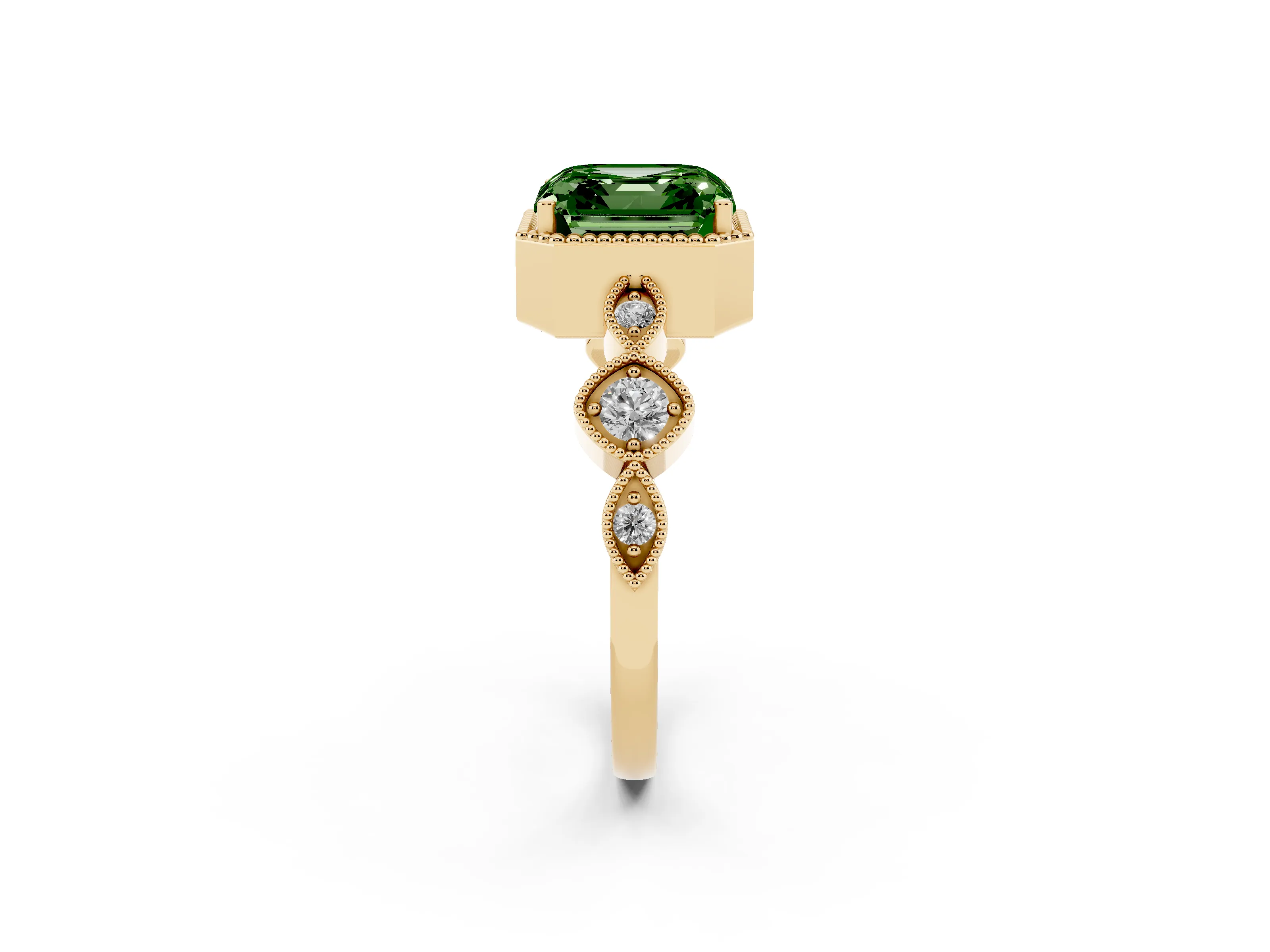 Fancy Green Asscher Cut Diamond Vintage-Inspired Milgrain Ring Set in Yellow gold with Marquise Stations of Round Accents