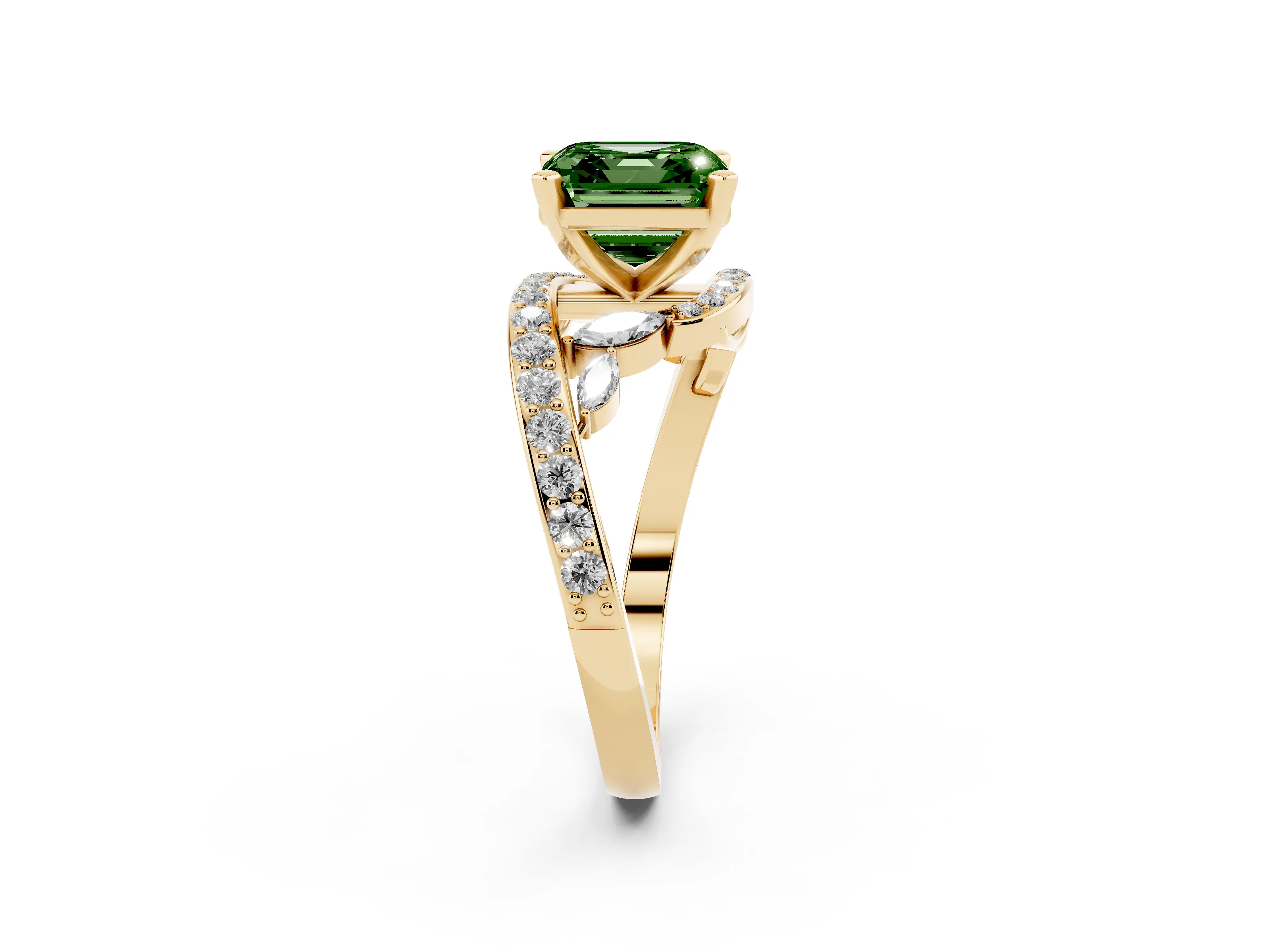 Fancy Green Asscher Cut Diamond Solitaire Ring Set in Yellow gold with Pavé Twist Band and Secure Prong Setting