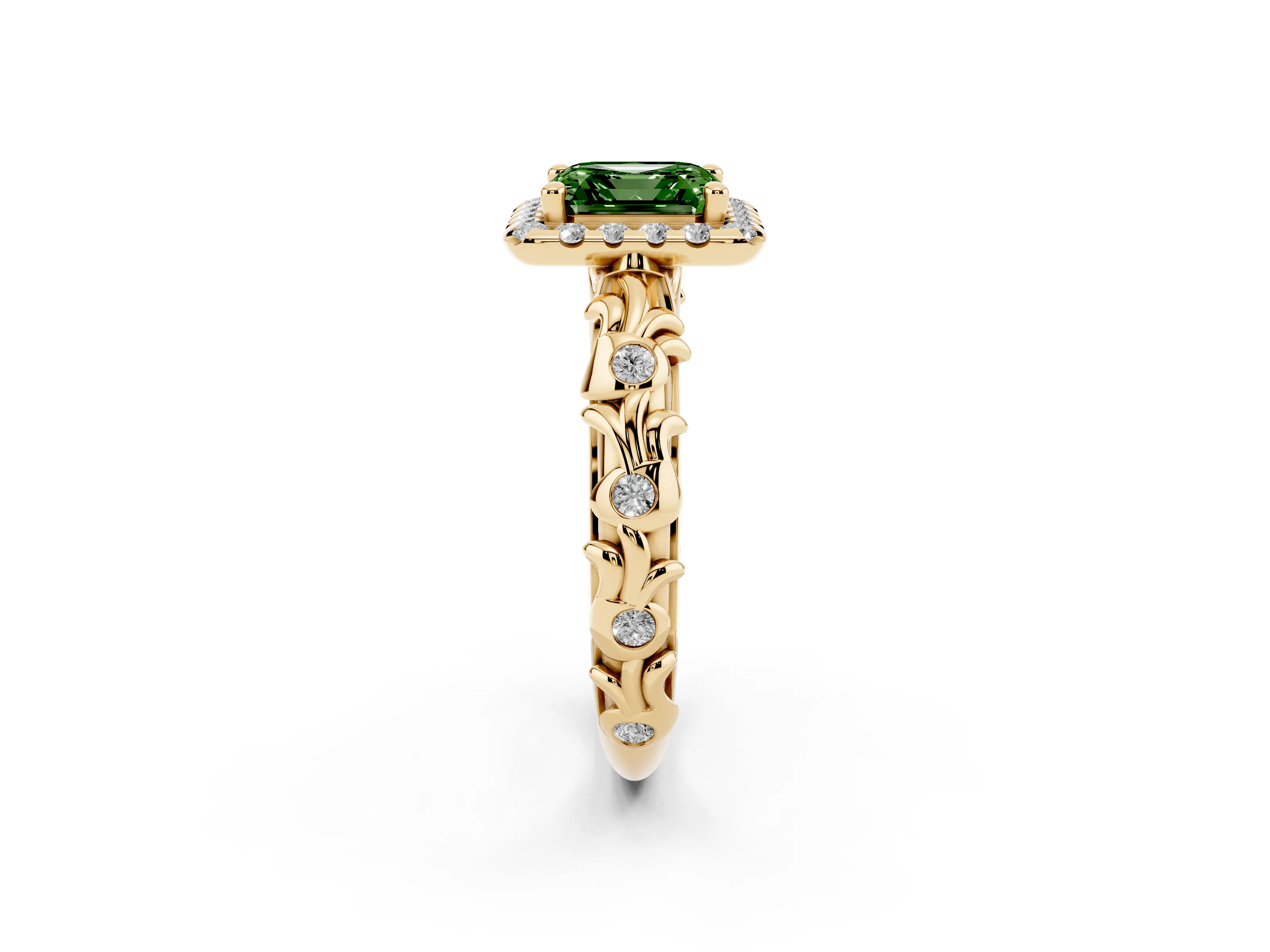 Fancy Green Asscher Cut Diamond Halo Ring Set in Yellow gold with Filigree Leaf Band and Prong Setting