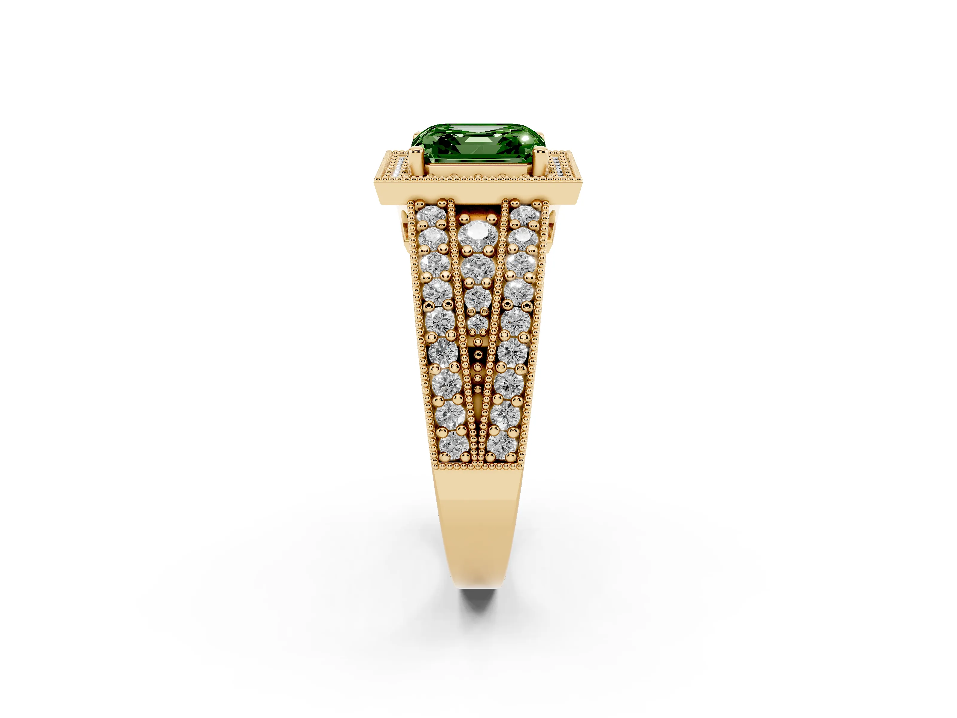 Fancy Green Asscher Cut Diamond Halo Ring Set in Yellow gold with Accent Split Shank and Prong Setting
