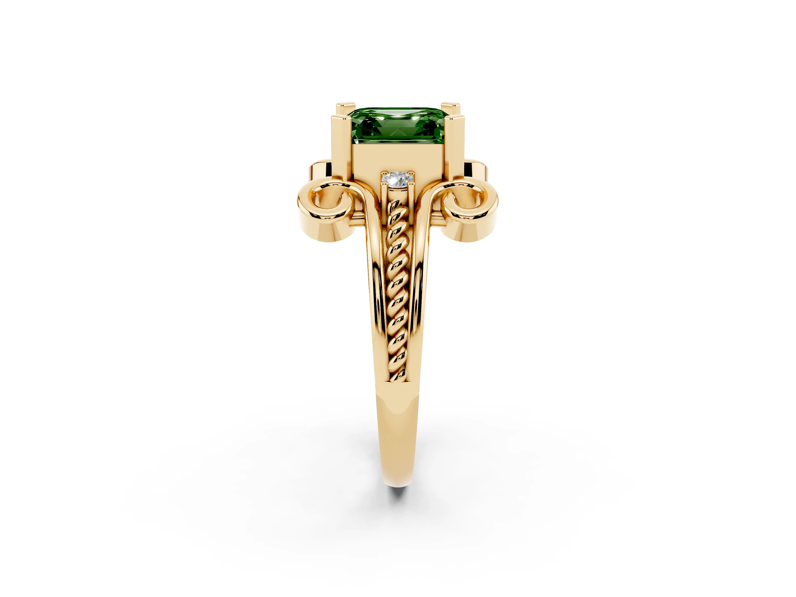Fancy Green Asscher Cut Diamond Twisted Band Solitaire Ring Set in Yellow gold with Scroll Prongs