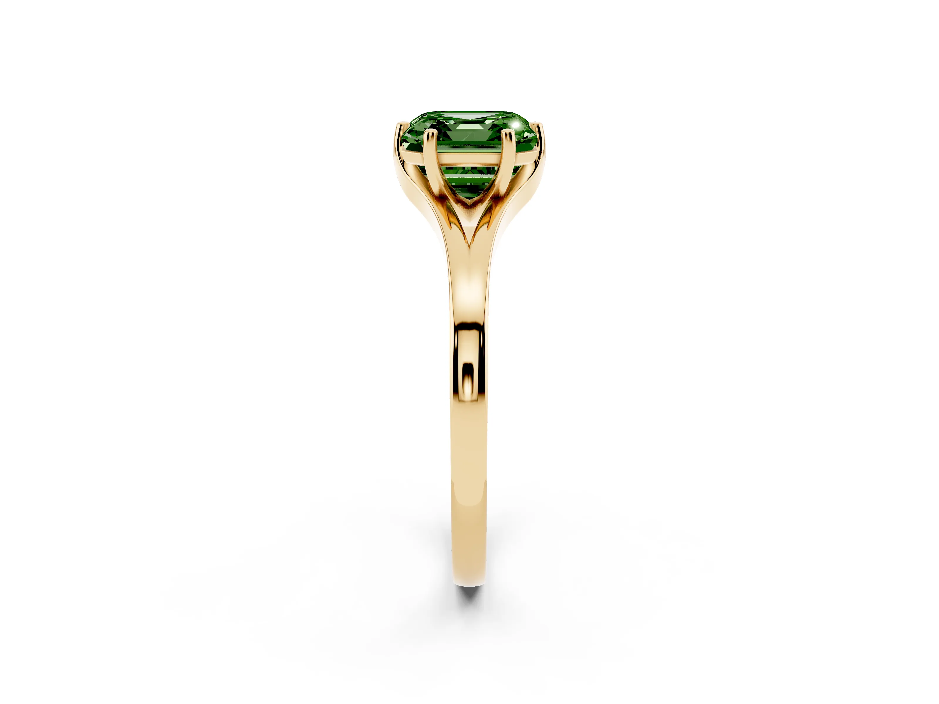 Fancy Green Asscher Cut Diamond Solitaire Ring Set in Yellow gold with Polished Tapered Band and Prong Setting