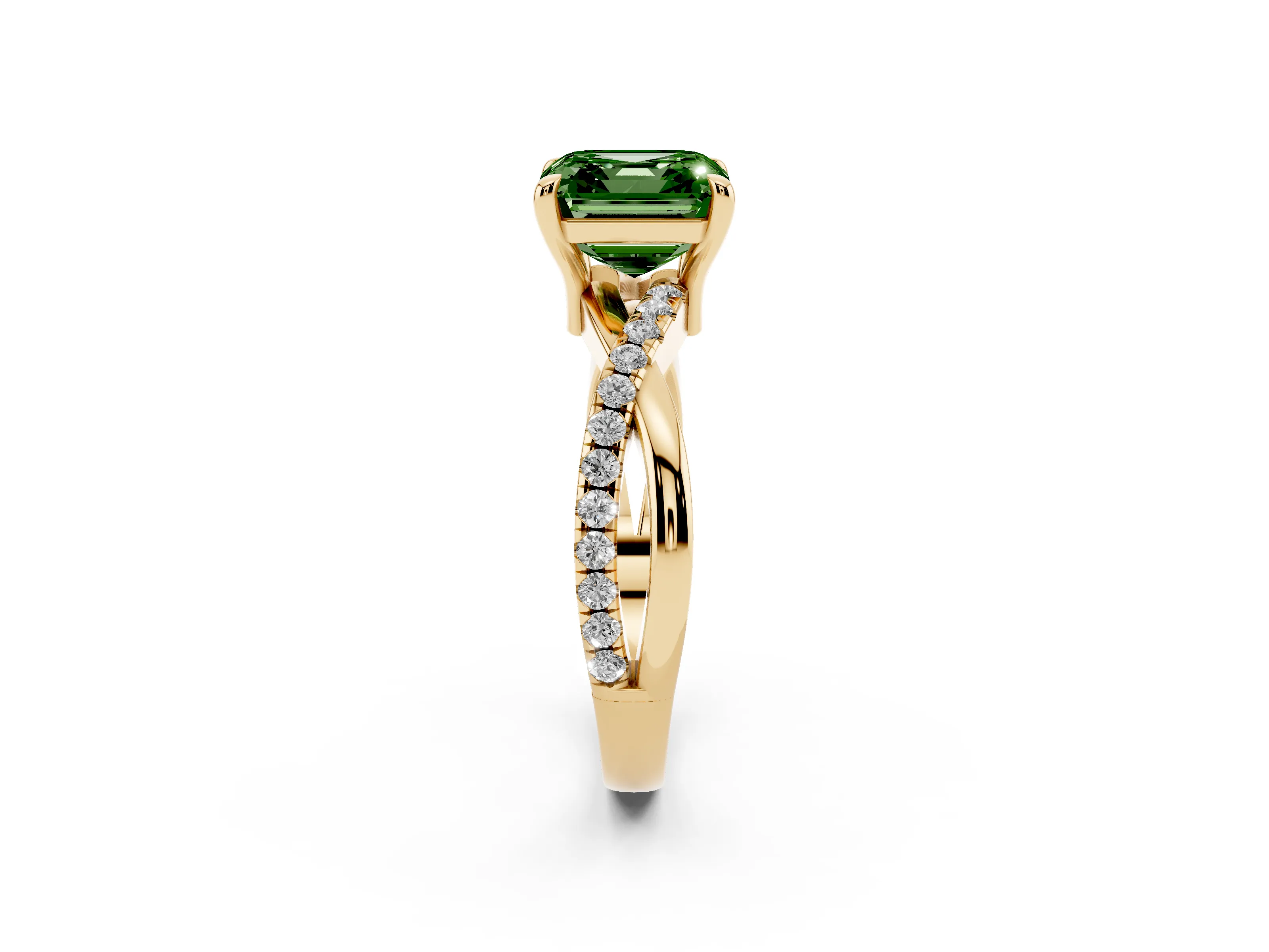 Fancy Green Asscher Cut Diamond Twist Band Pavé Solitaire Ring Set in Yellow gold with Prong Setting