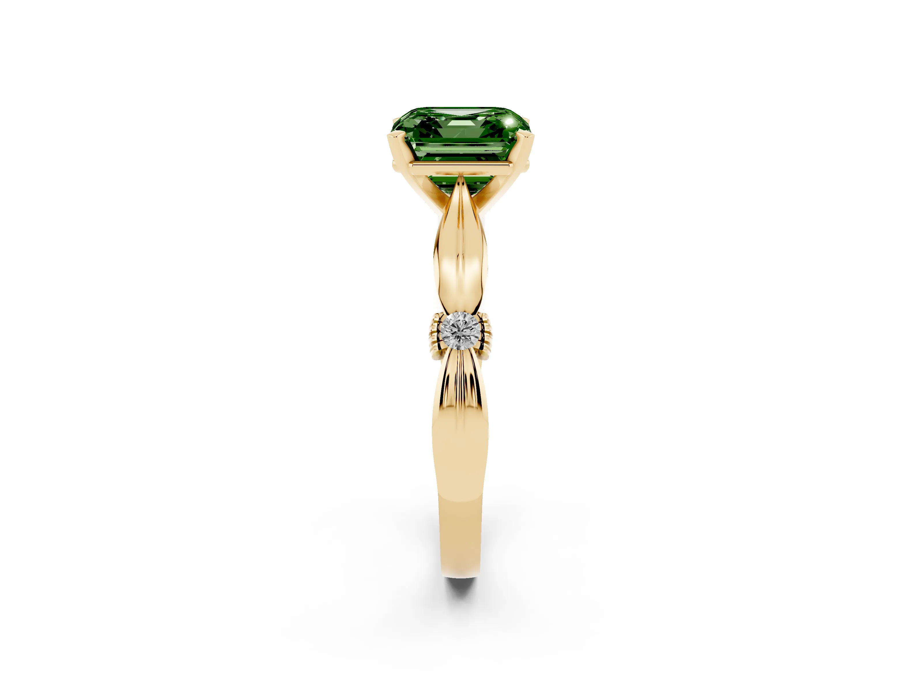 Fancy Green Asscher Cut Diamond Solitaire Twisted Band Ring Set in Yellow gold with Accent Stones and Prong Setting