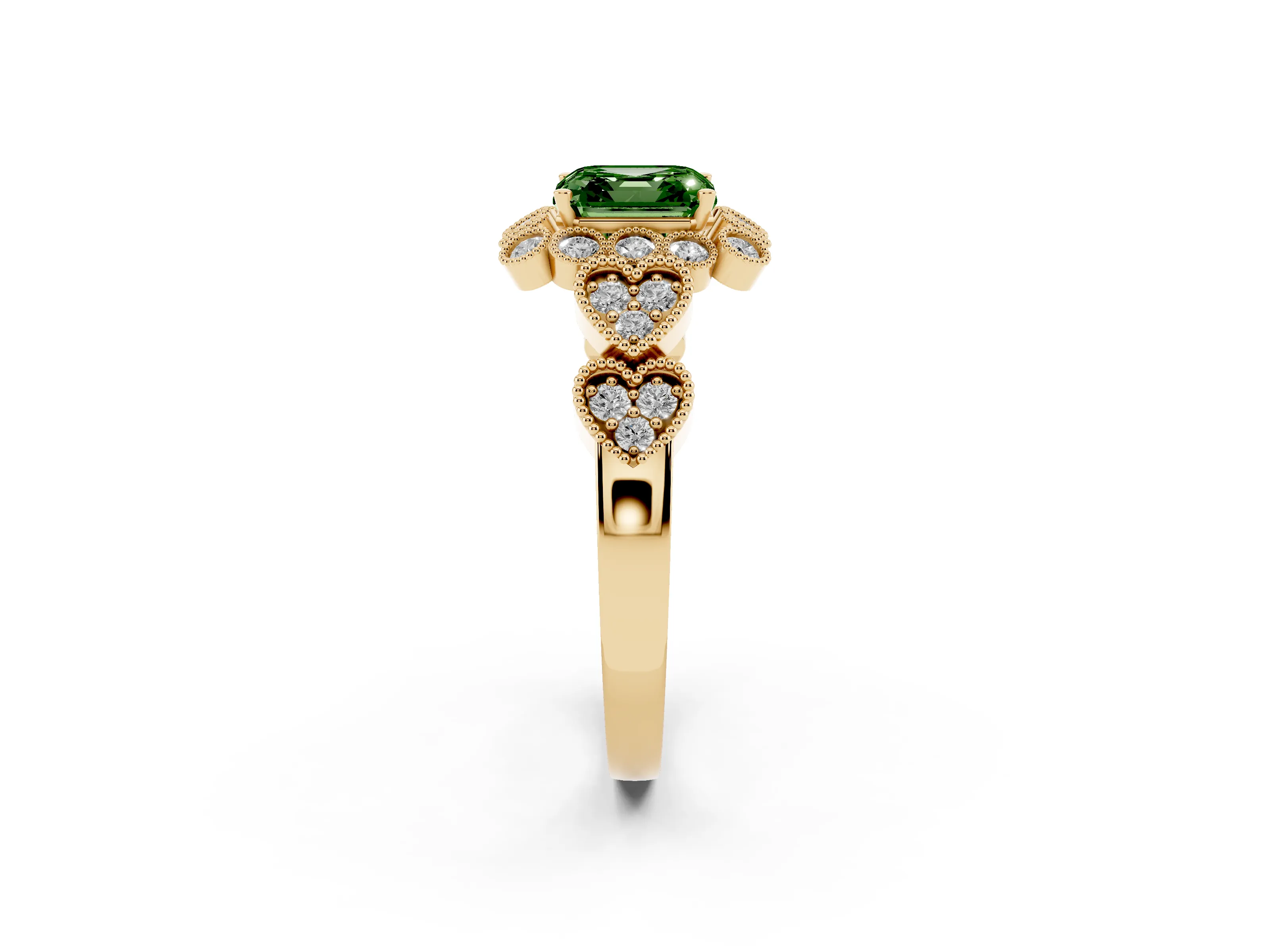 Fancy Green Asscher Cut Diamond Solitaire Ring Set in Yellow gold with Milgrain Pavé Heart Band
