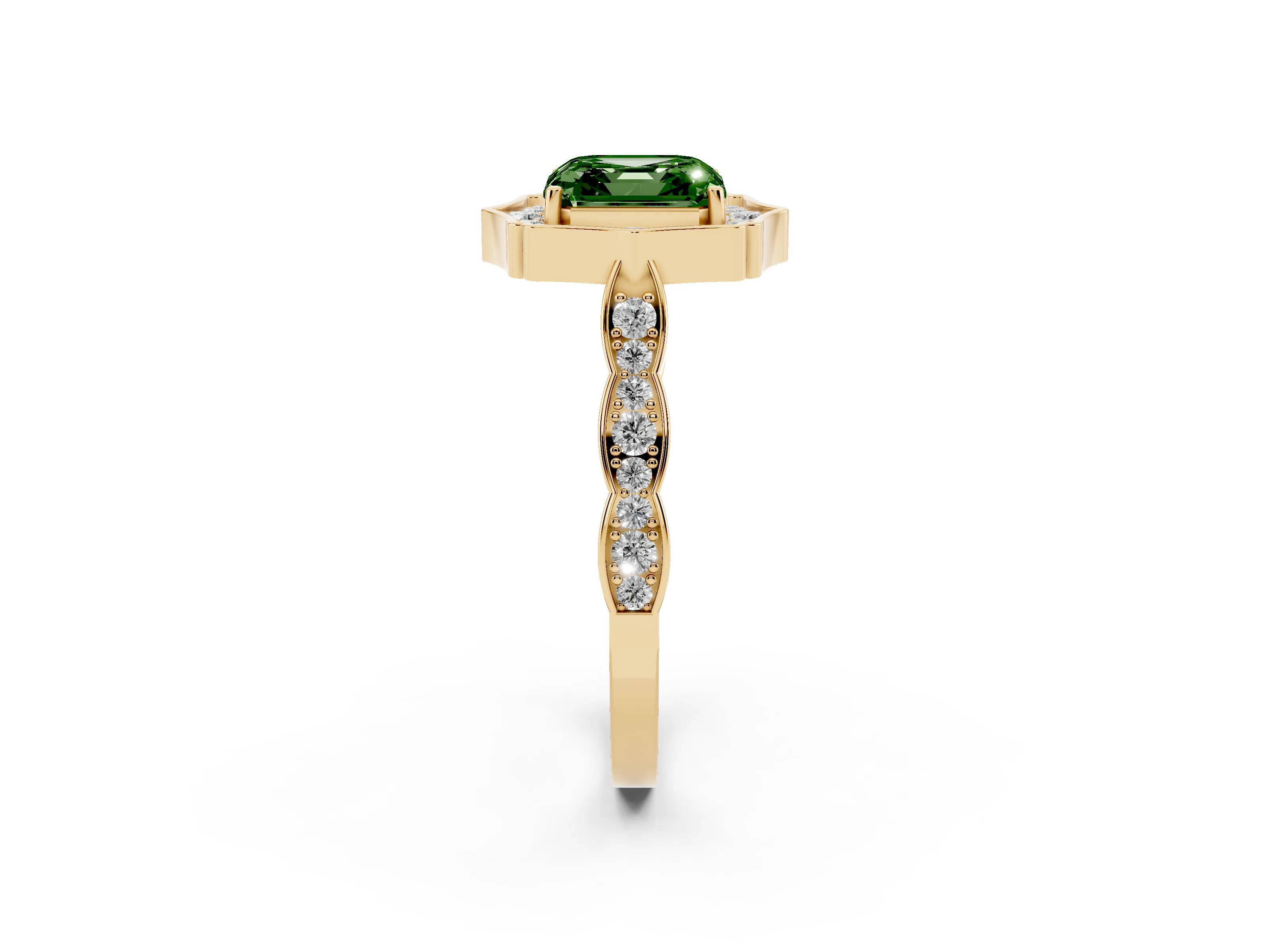 Fancy Green Asscher Cut Diamond Halo Engagement Ring Set in Yellow gold with Milgrain Band and Prong Setting