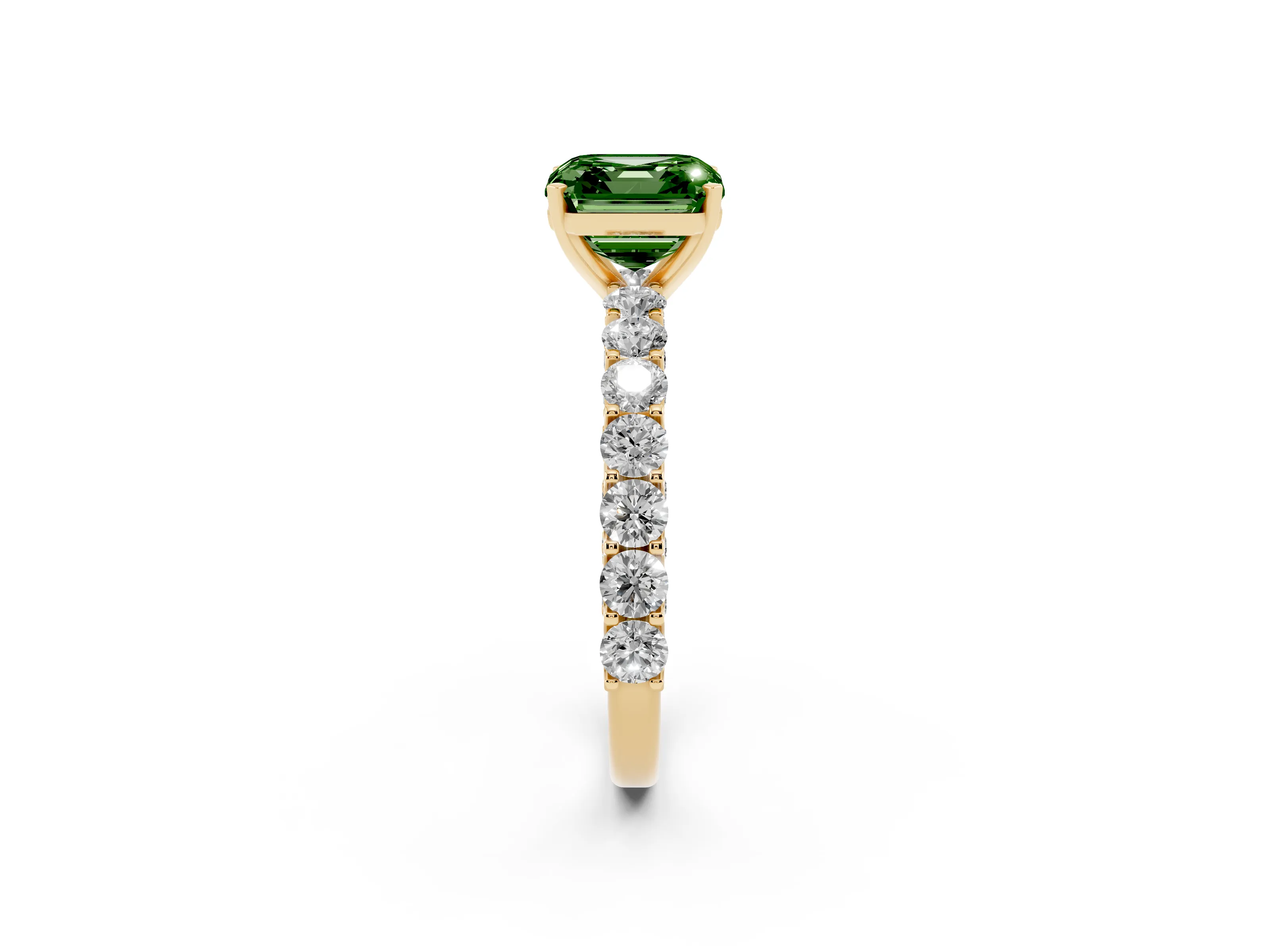 Fancy Green Asscher Cut Diamond Solitaire Ring Set in Yellow gold with Shared Prong Pavé Band