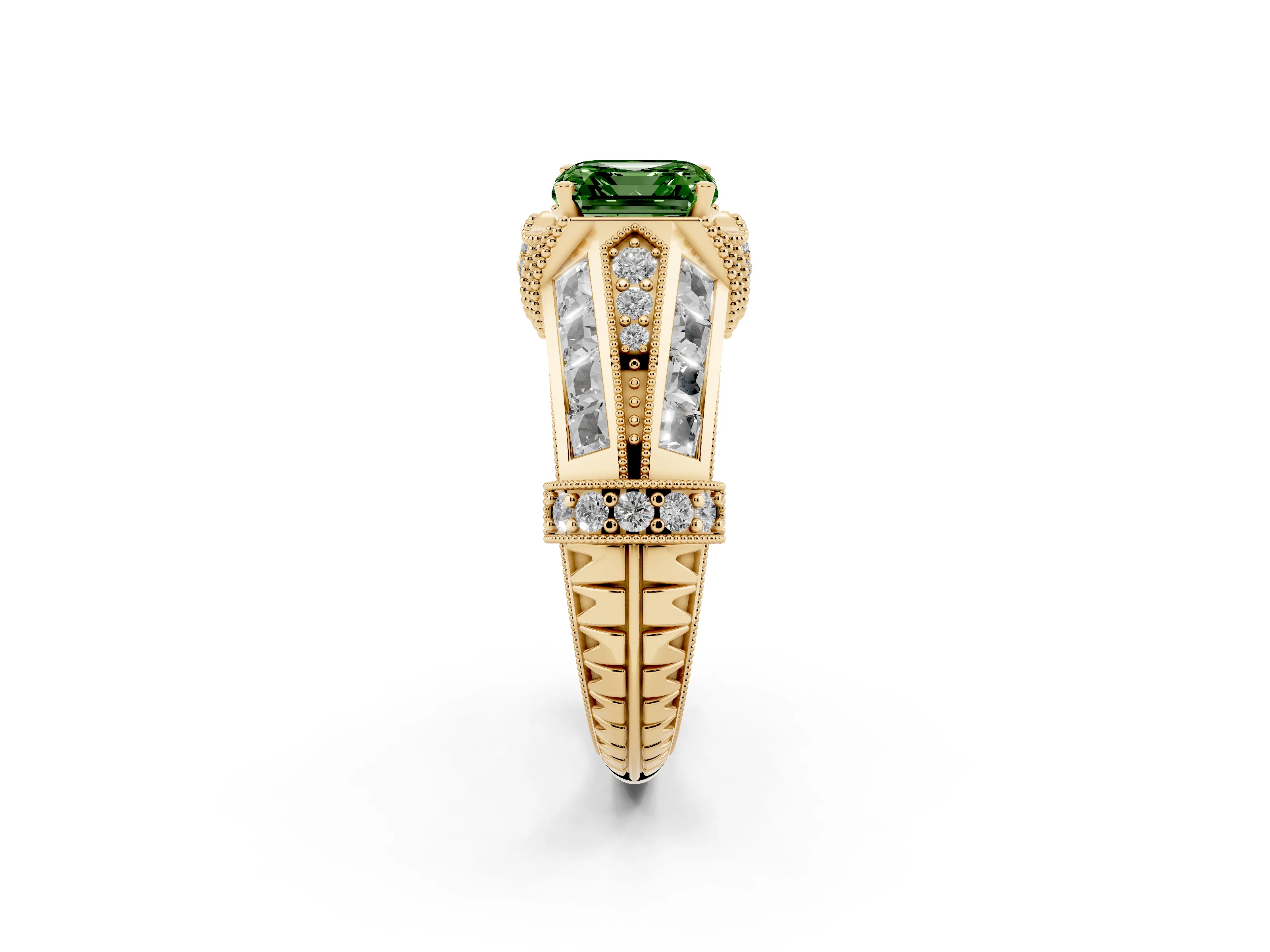 Fancy Green Asscher Cut Diamond Vintage-Inspired Milgrain Ring Set in Yellow gold with Accent Split Shank