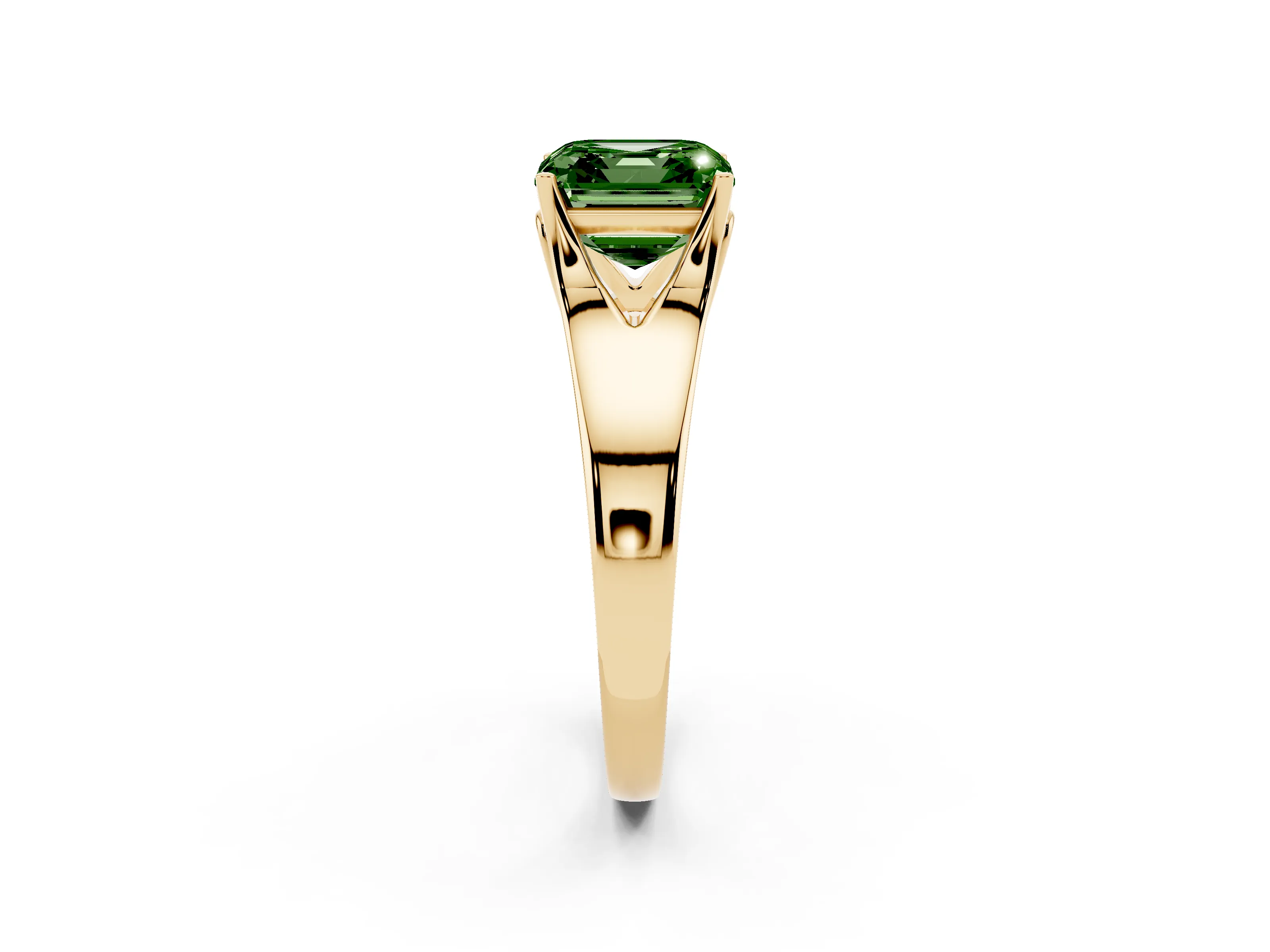 Fancy Green Asscher Cut Diamond Solitaire Ring Set in Yellow gold with Arched Cathedral Band and Prong Setting