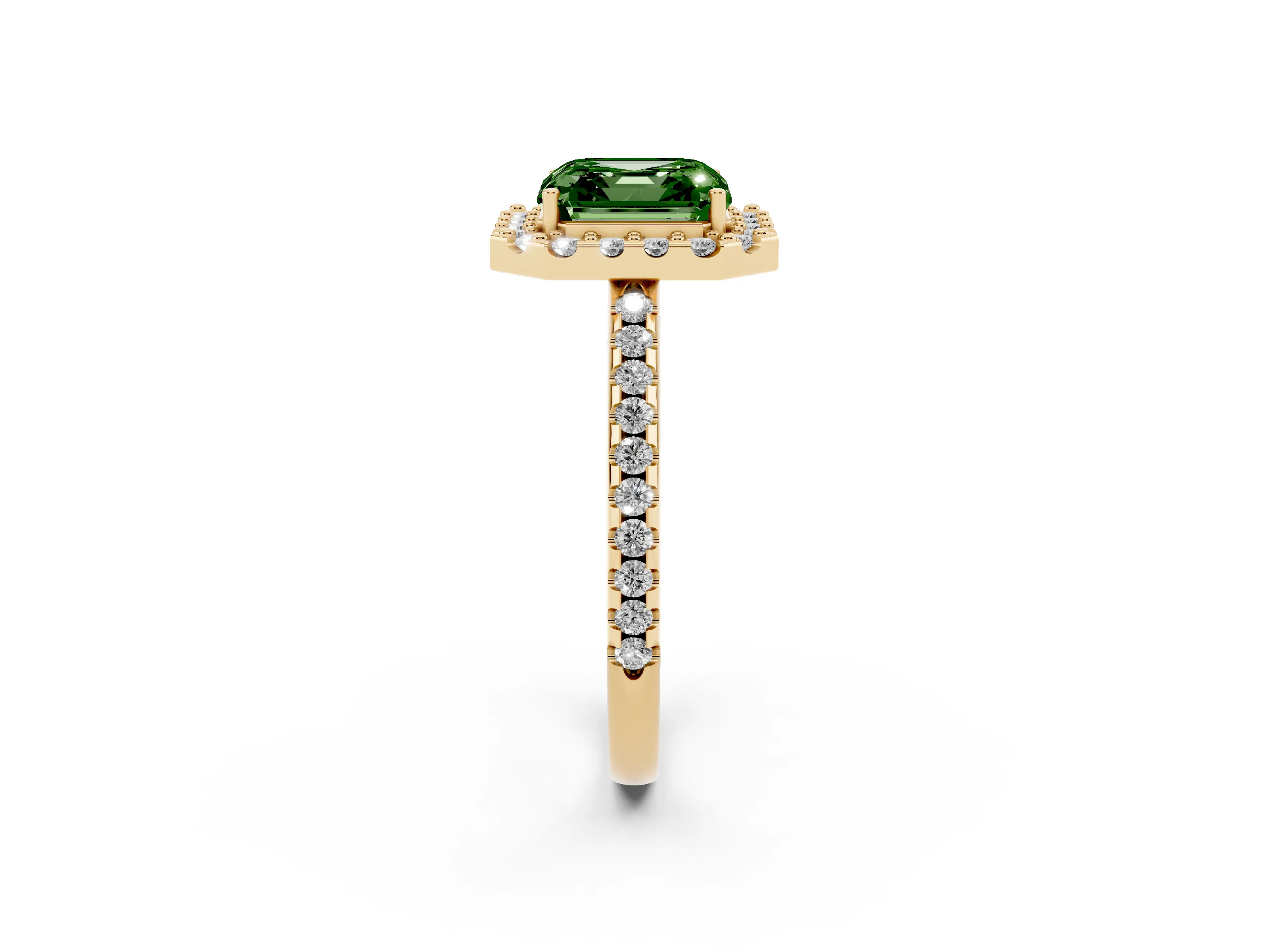 Fancy Green Asscher Cut Diamond Pavé Halo Ring Set in Yellow gold with Prong Setting