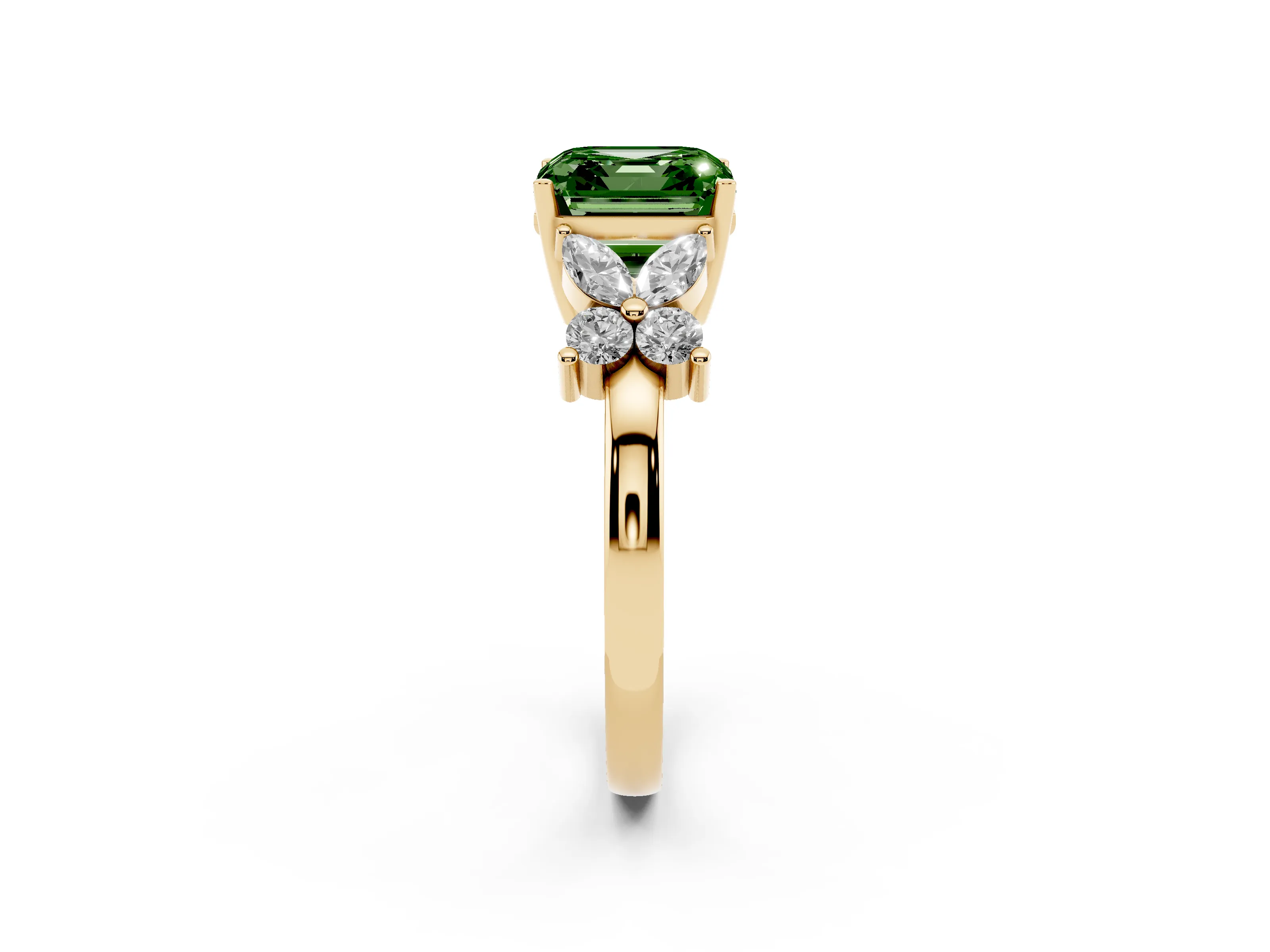 Fancy Green Asscher Cut Diamond Floral Cluster Ring Set in Yellow gold with Marquise Petals and Prong Setting