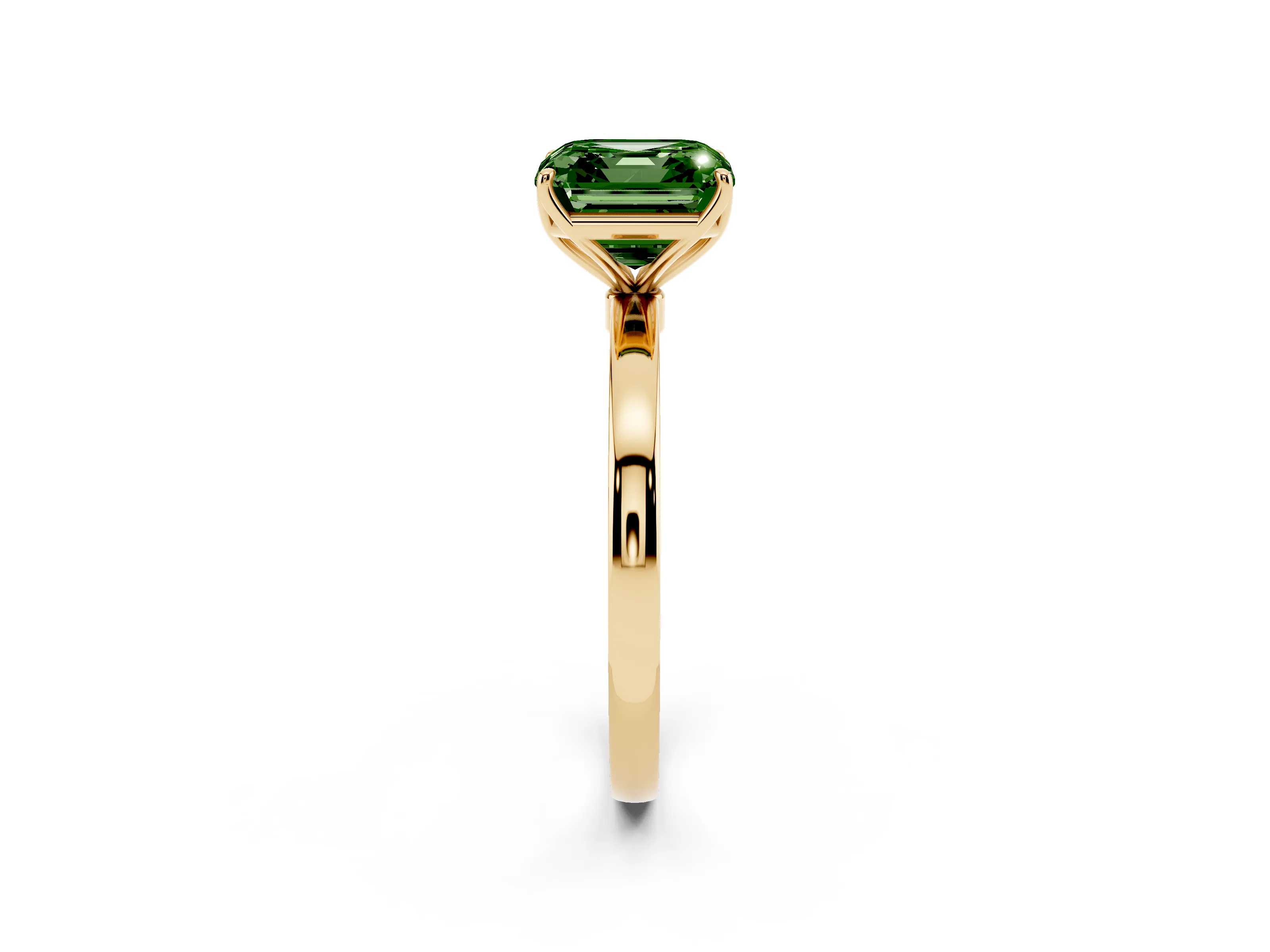 Fancy Green Asscher Cut Diamond Solitaire Ring Set in Yellow gold with Prong Setting and Thin Polished Band