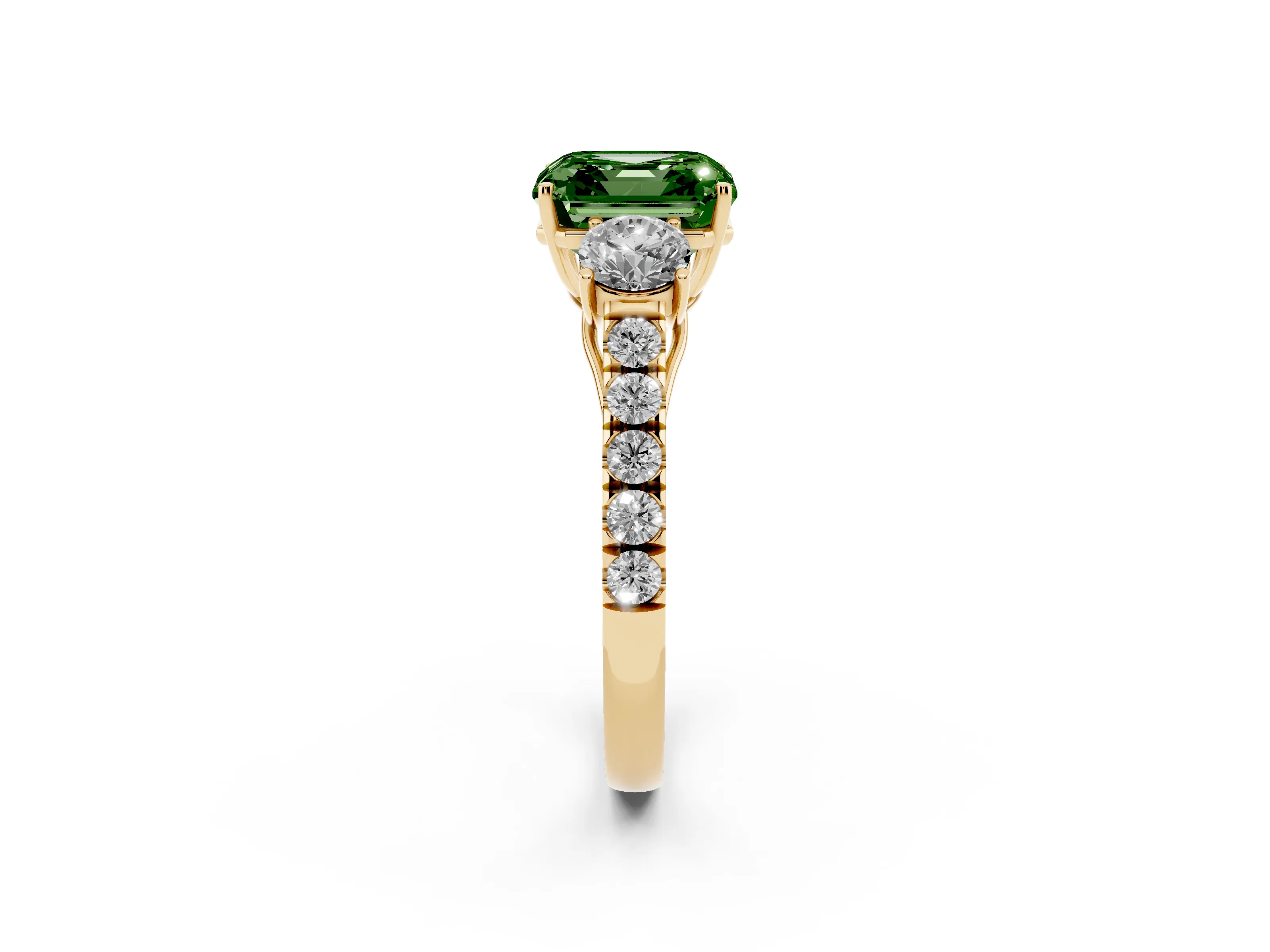 Fancy Green Asscher Cut Diamond Three-Stone Ring Set in Yellow gold with Round Side Stones and Delicate Pavé Band