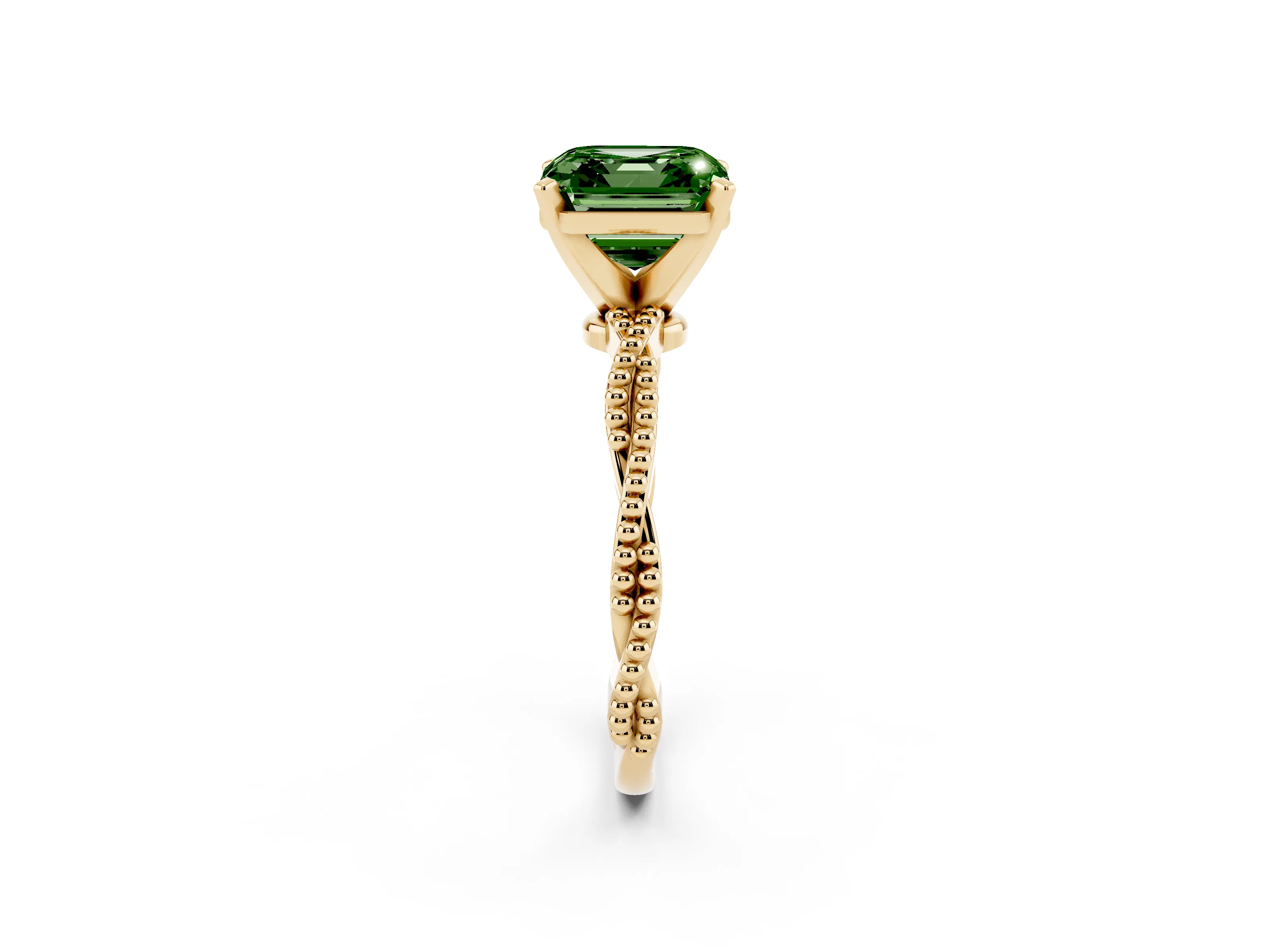 Fancy Green Asscher Cut Diamond Solitaire Ring Set in Yellow gold with Twisted Band and Bead Prong Setting