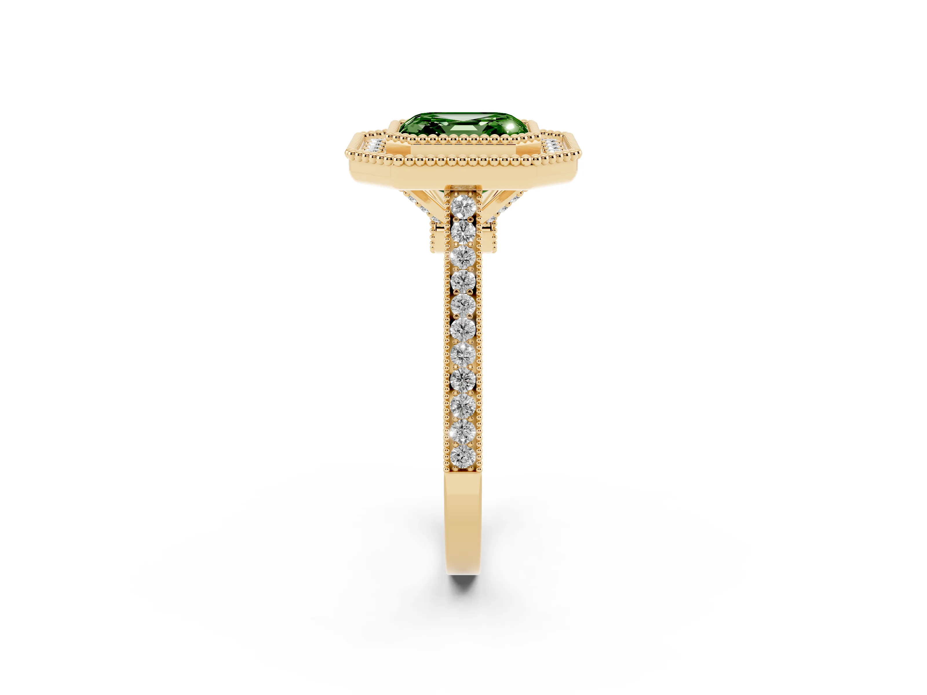 Fancy Green Asscher Cut Diamond Halo Ring Set in Yellow gold with Milgrain Frame and Pavé Band