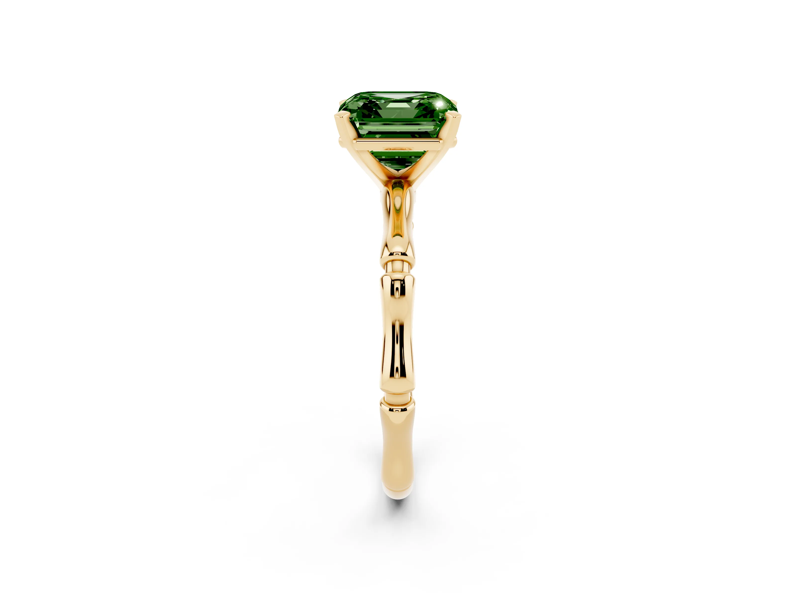 Fancy Green Asscher Cut Diamond Solitaire Ring Set in Yellow gold with Bamboo Band and Prong Setting