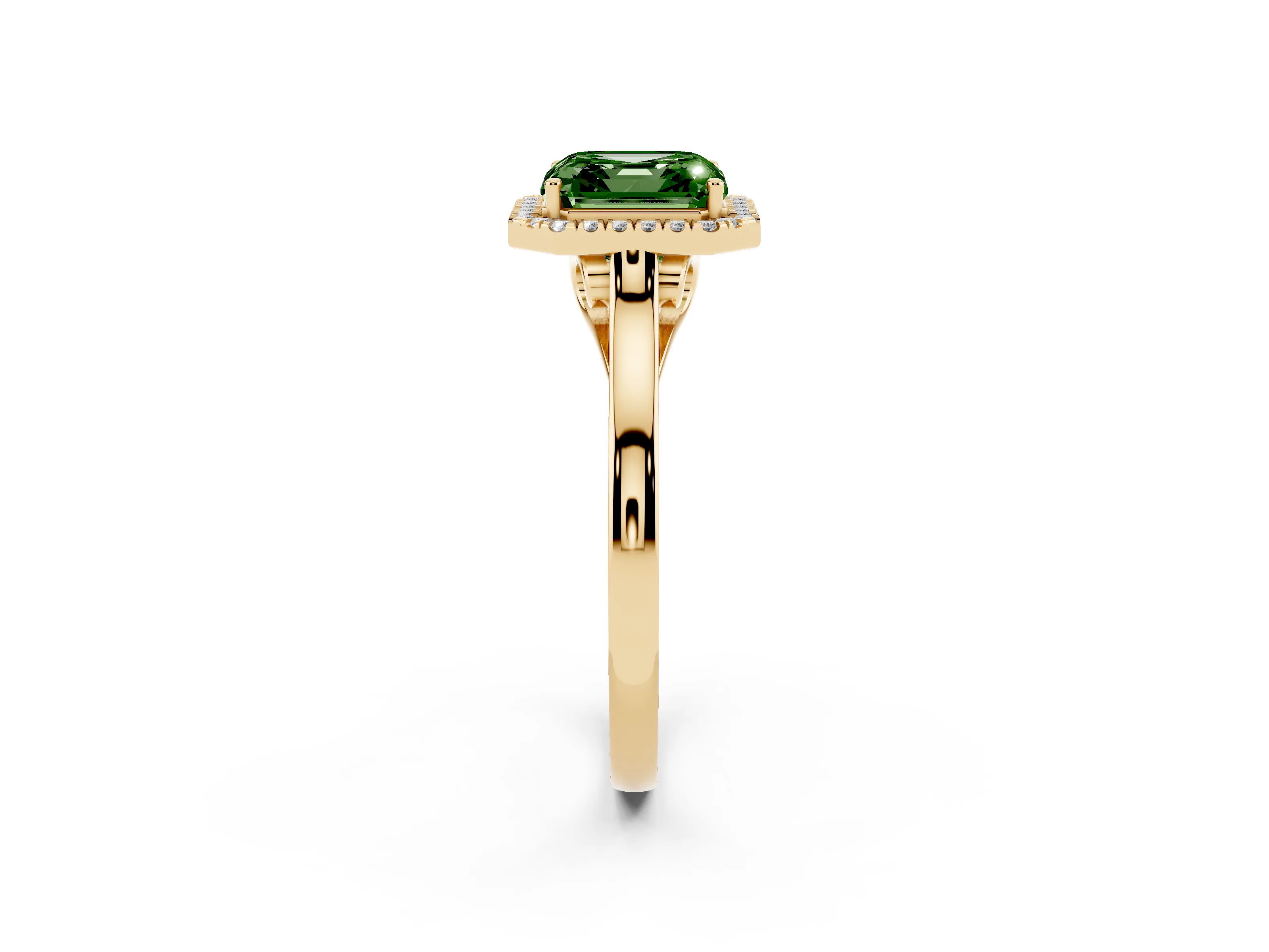 Fancy Green Asscher Cut Halo Round Diamond Solitaire Ring Set in Yellow gold with Pavé Band and Prong Setting