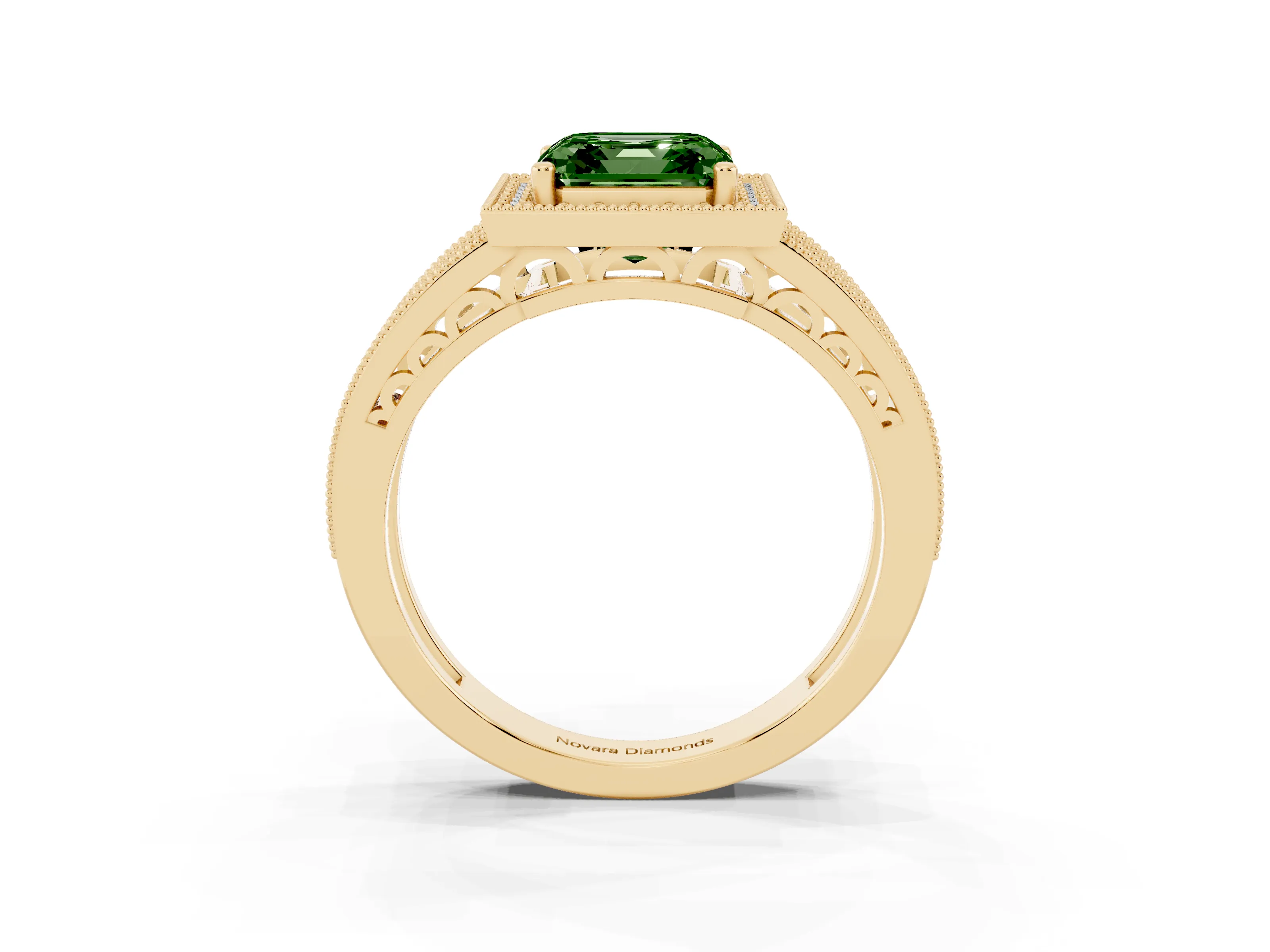 Fancy Green Asscher Cut Diamond Halo Ring Set in Yellow gold with Accent Split Shank and Prong Setting