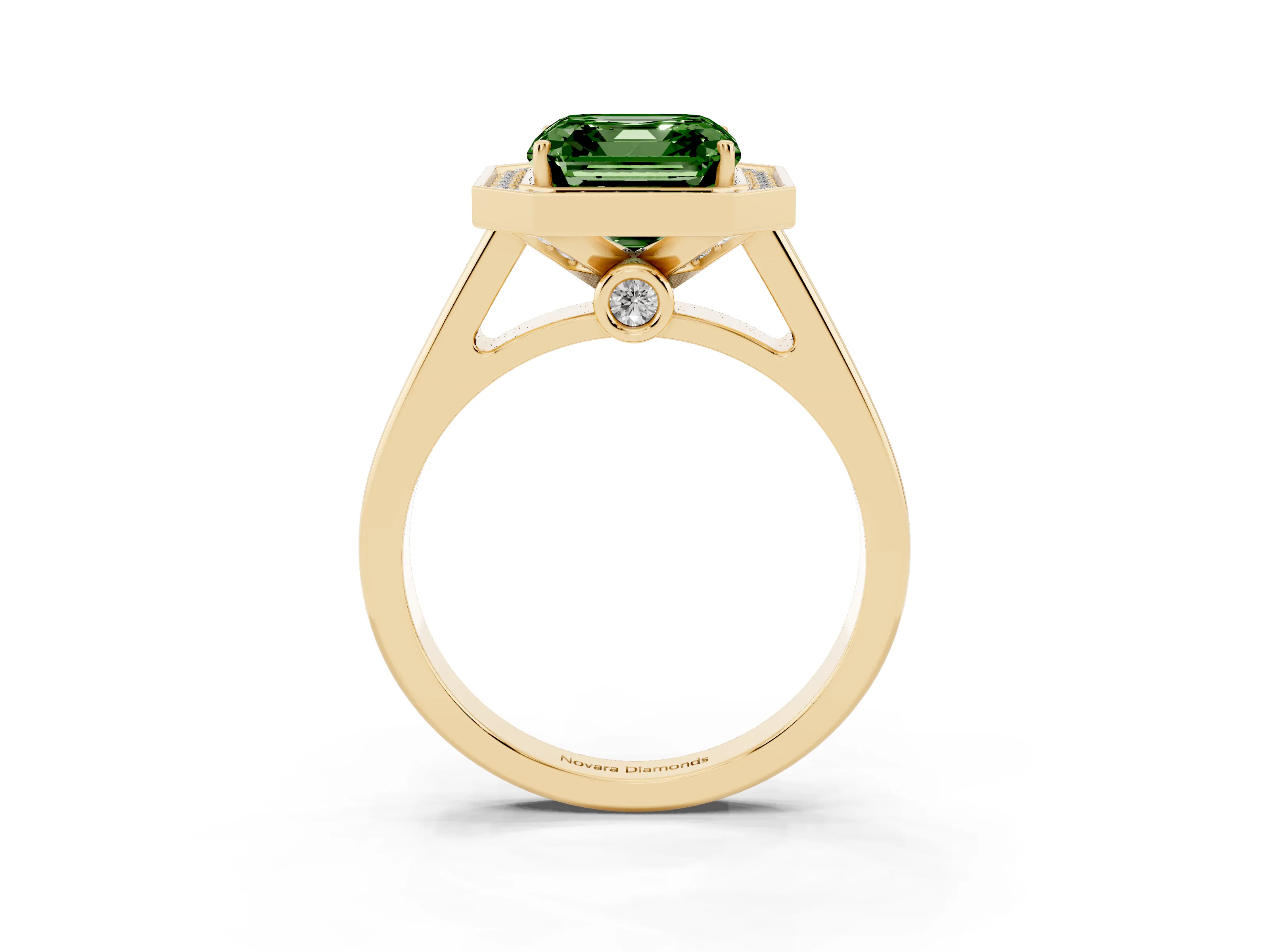 Fancy Green Asscher Cut Diamond Halo Solitaire Ring Set in Yellow gold with Pavé Band and Bezel Setting