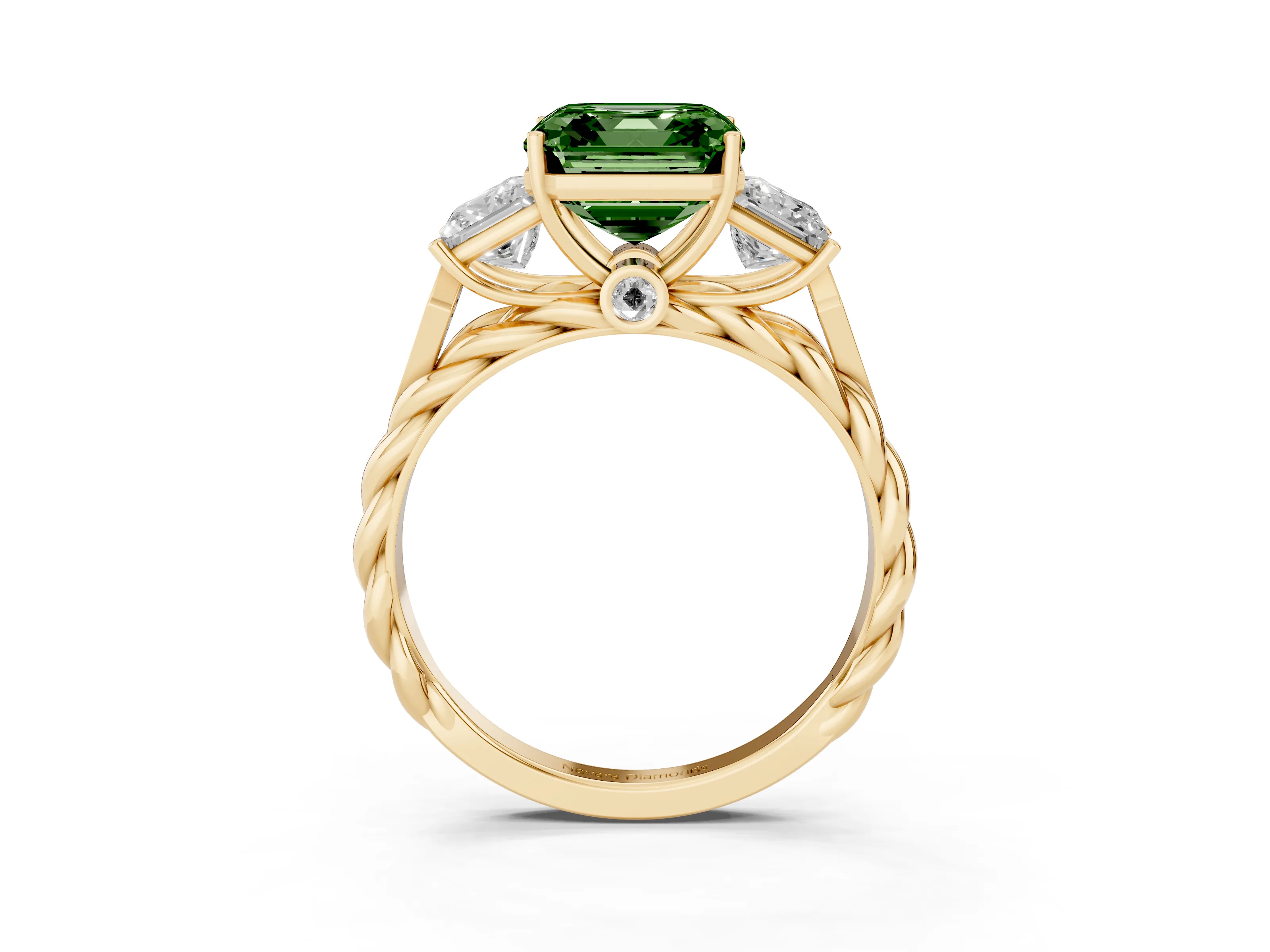 Fancy Green Asscher Cut Diamond Three-Stone Ring Set in Yellow gold with Braided Band
