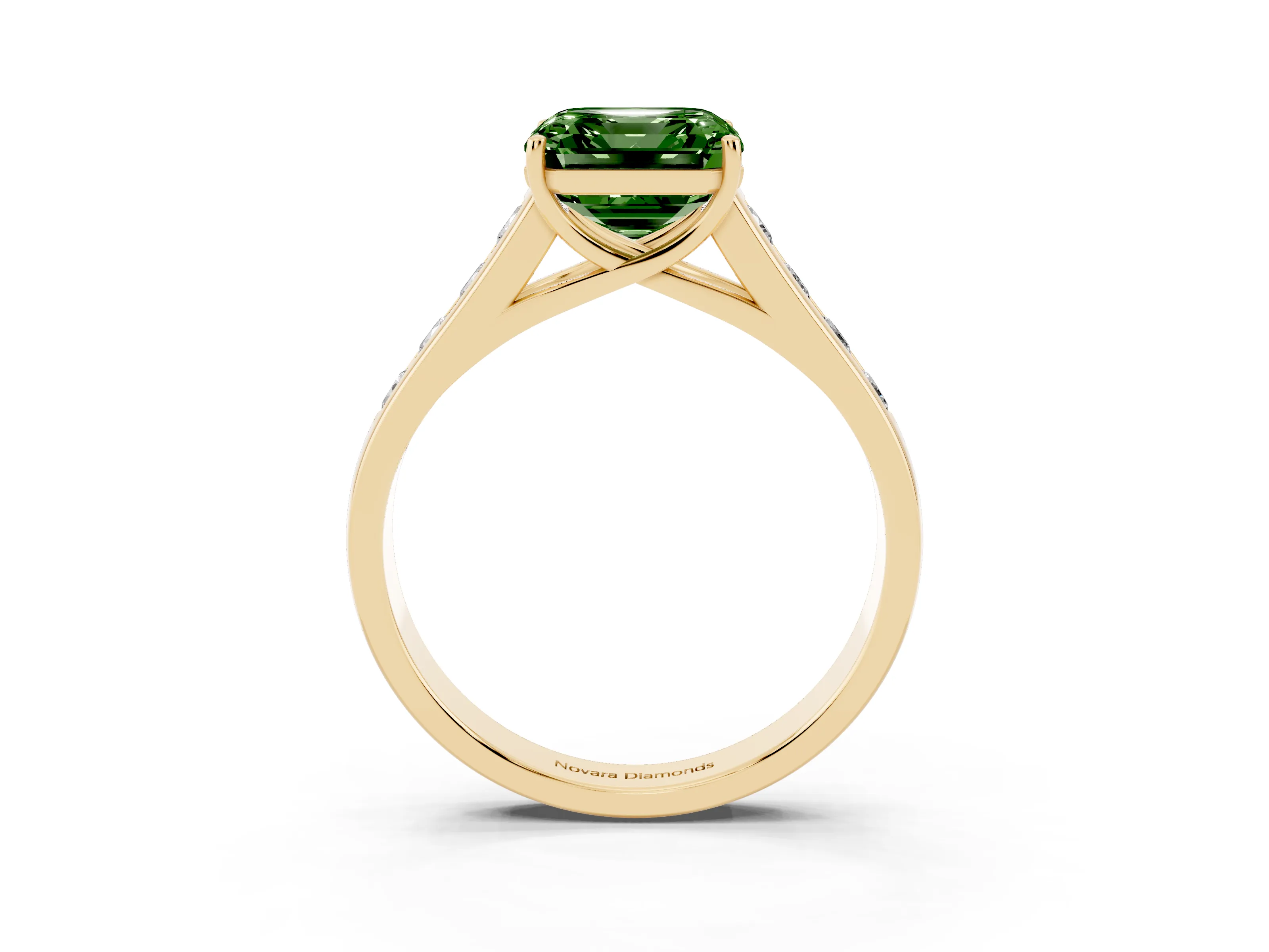 Fancy Green Asscher Cut Diamond Brilliant Channel-Set Solitaire Ring Set in Yellow gold with Prong Setting