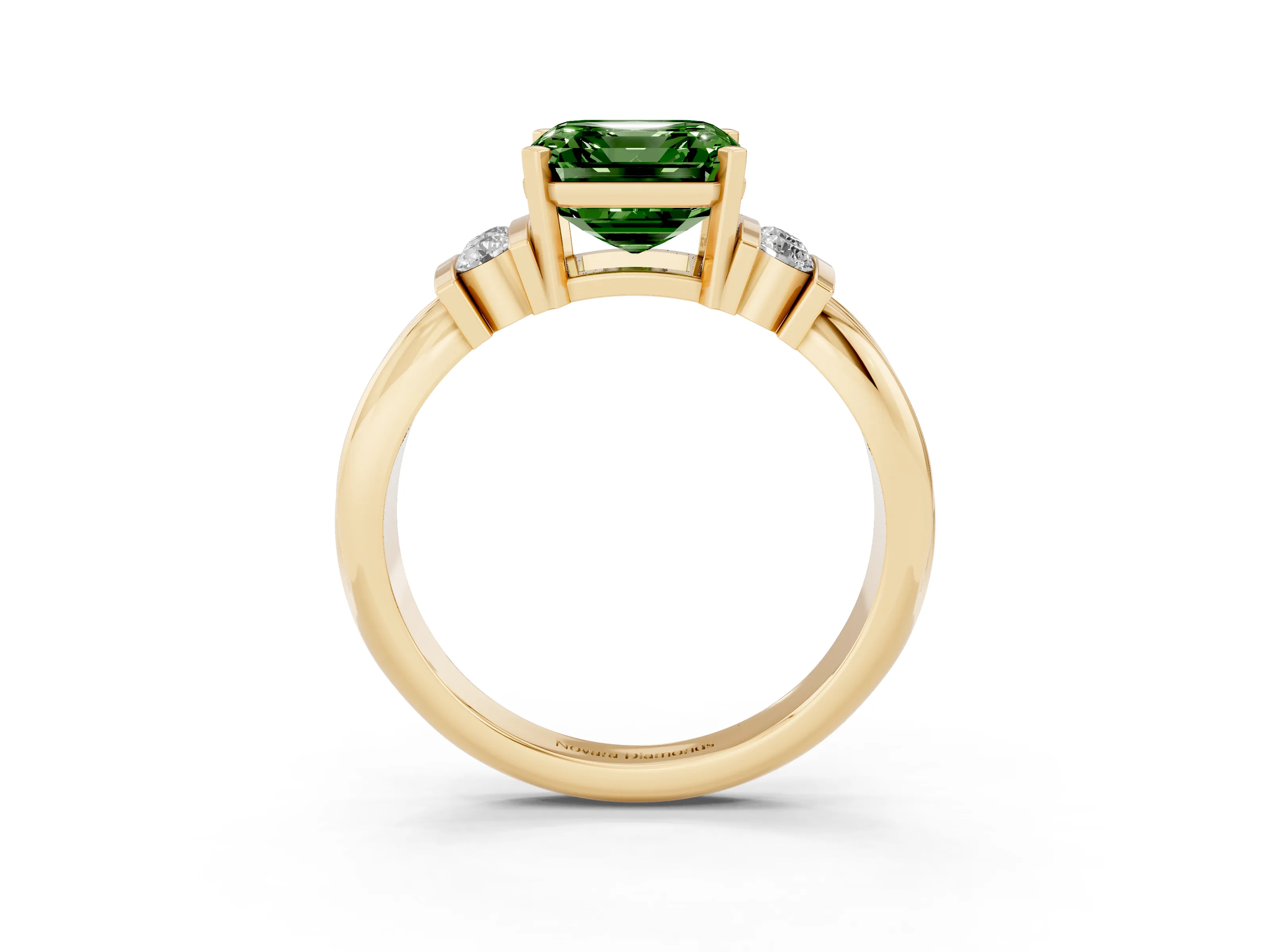 Fancy Green Three-Stone Asscher Cut Diamond Channel Set Ring Set in Yellow gold with Bar Prongs
