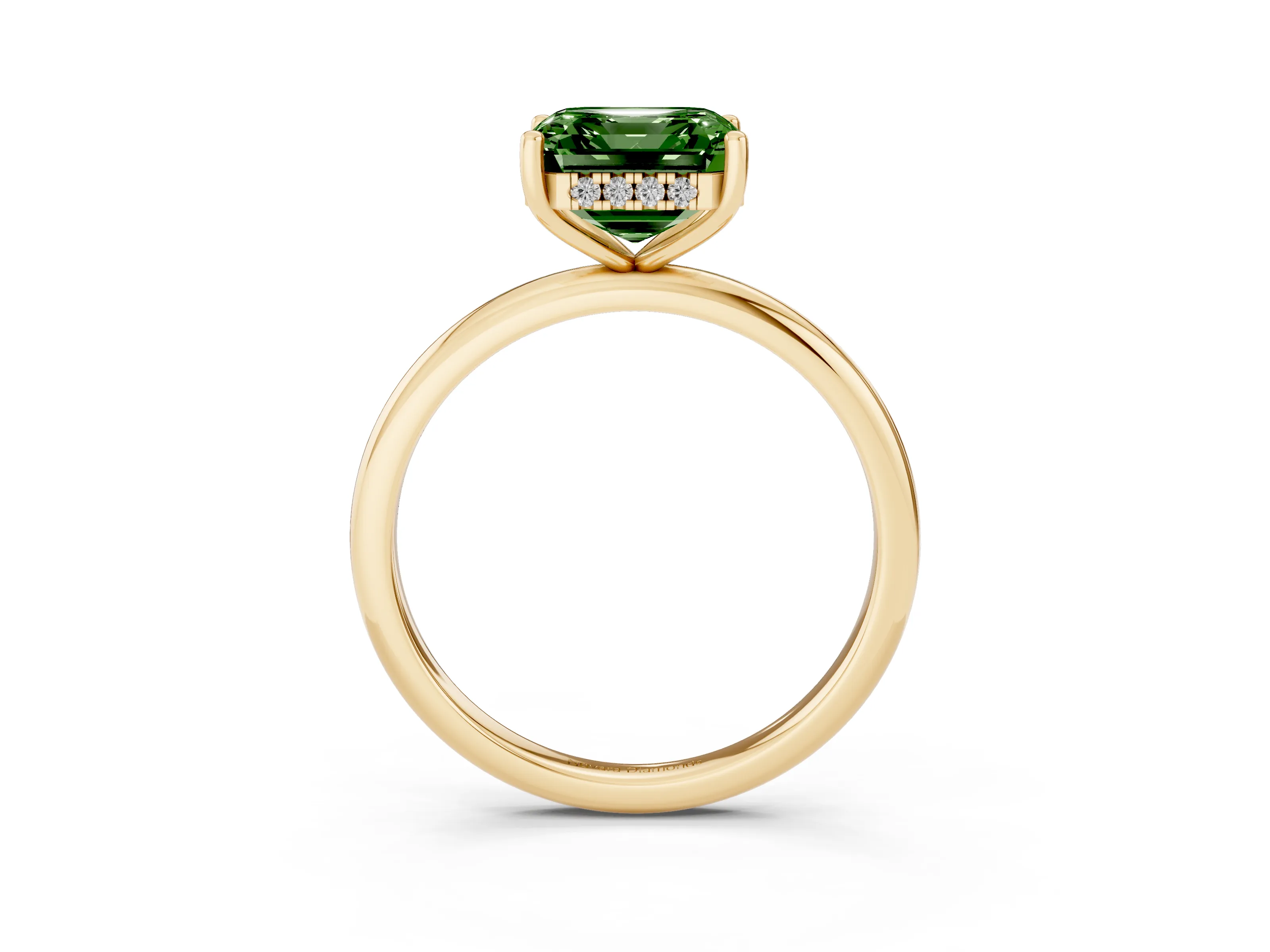 Fancy Green Asscher Cut Diamond Solitaire Engagement Ring Set in Yellow gold with Prong Setting and Polished Band