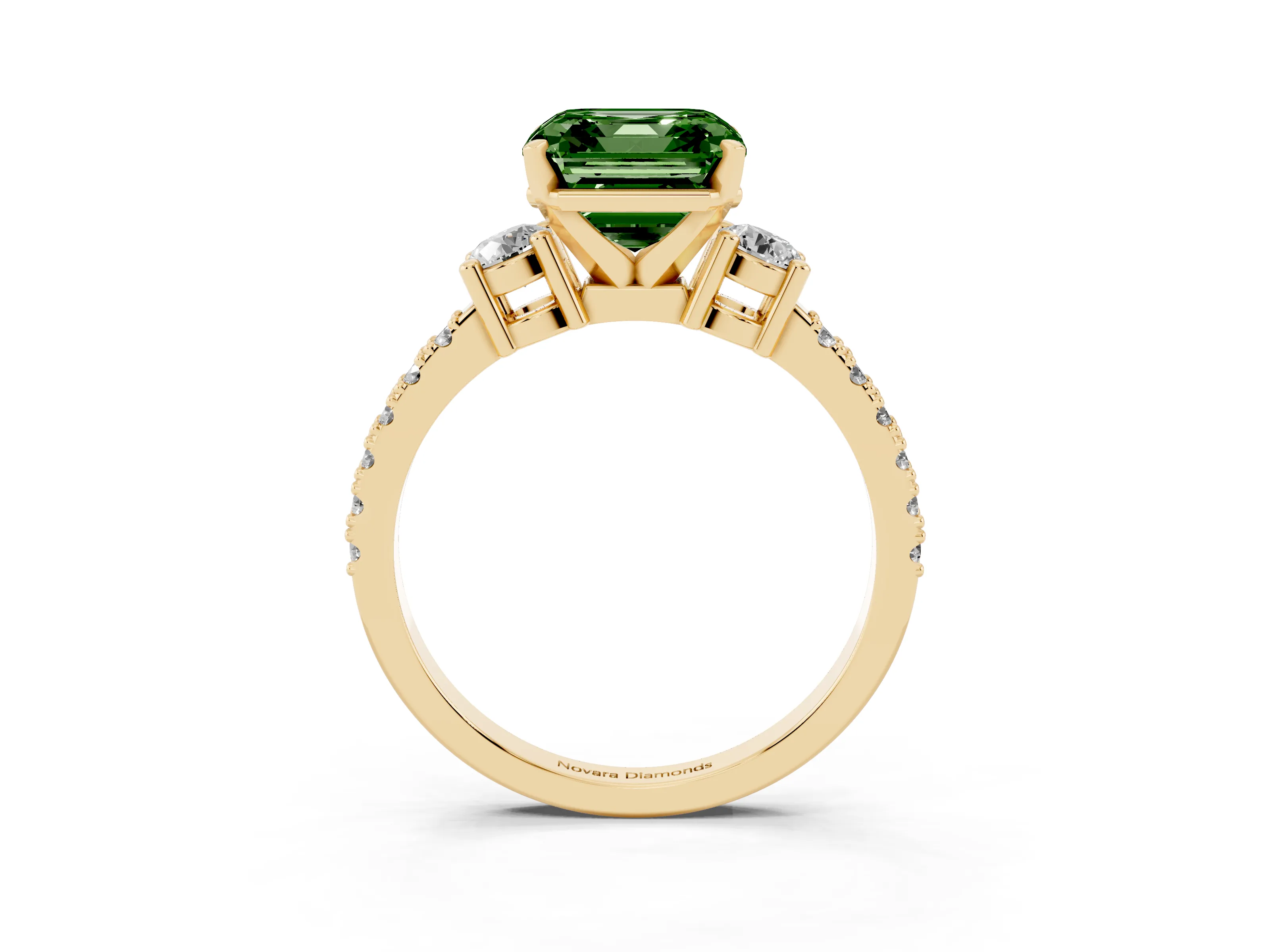 Fancy Green Three-Stone Asscher Cut Diamond Pavé Band Ring Set in Yellow gold with Prong Setting