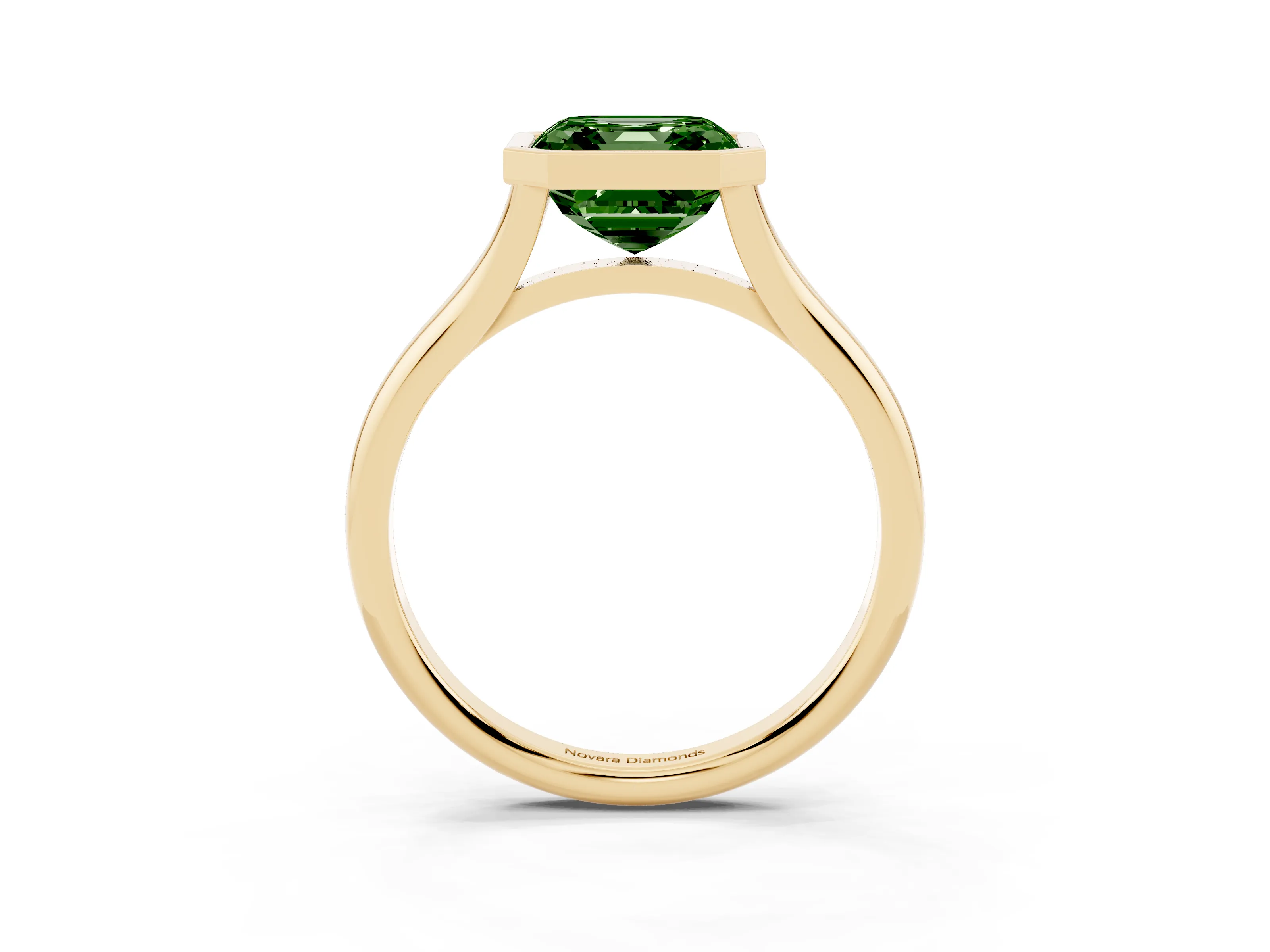 Fancy Green Bezel Set Asscher Cut Diamond Solitaire Ring Set in Yellow gold with Tapered Band