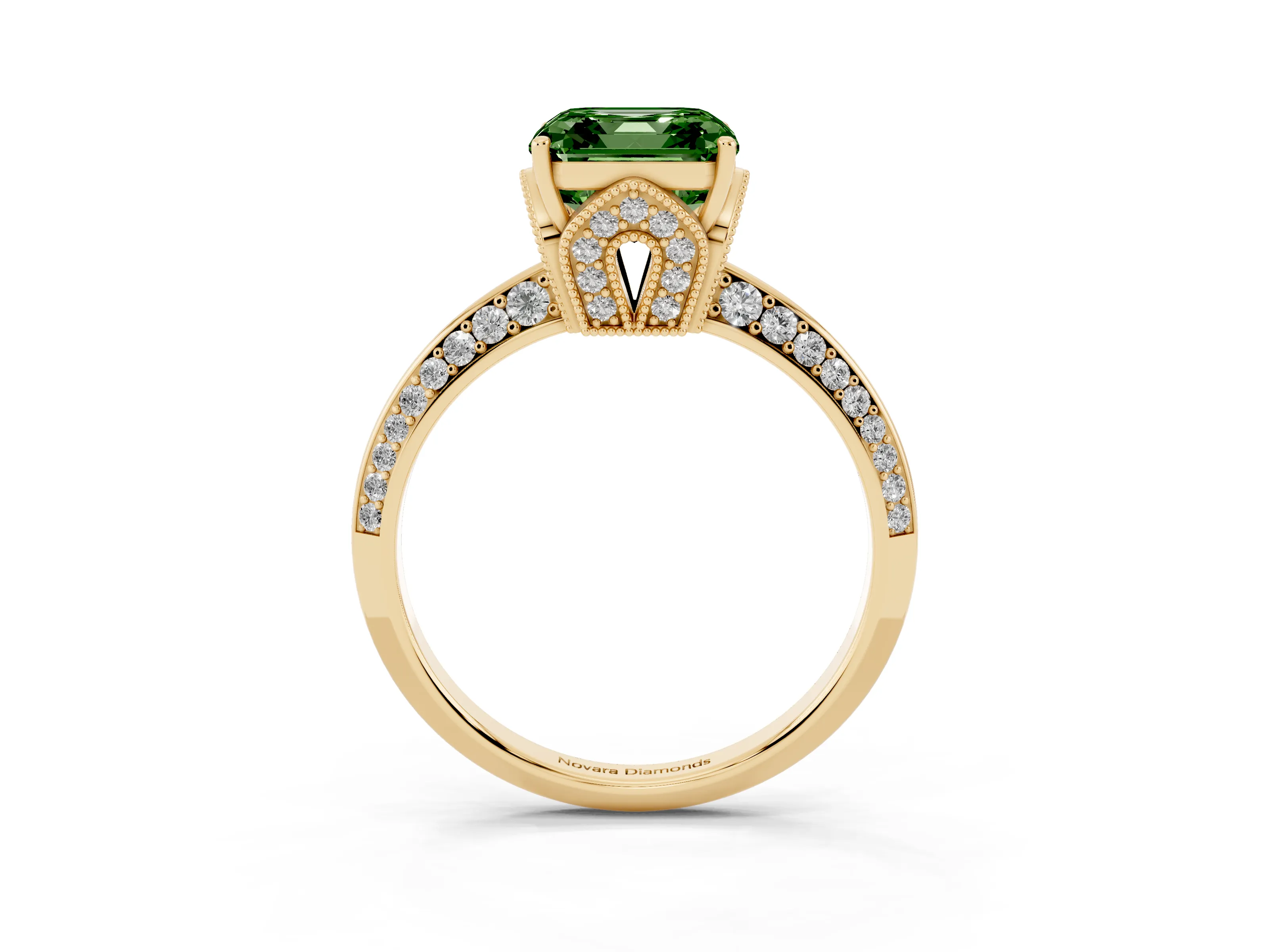 Fancy Green Asscher Cut Diamond Solitaire Engagement Ring Set in Yellow gold with Pavé Split Shank and Prong Setting