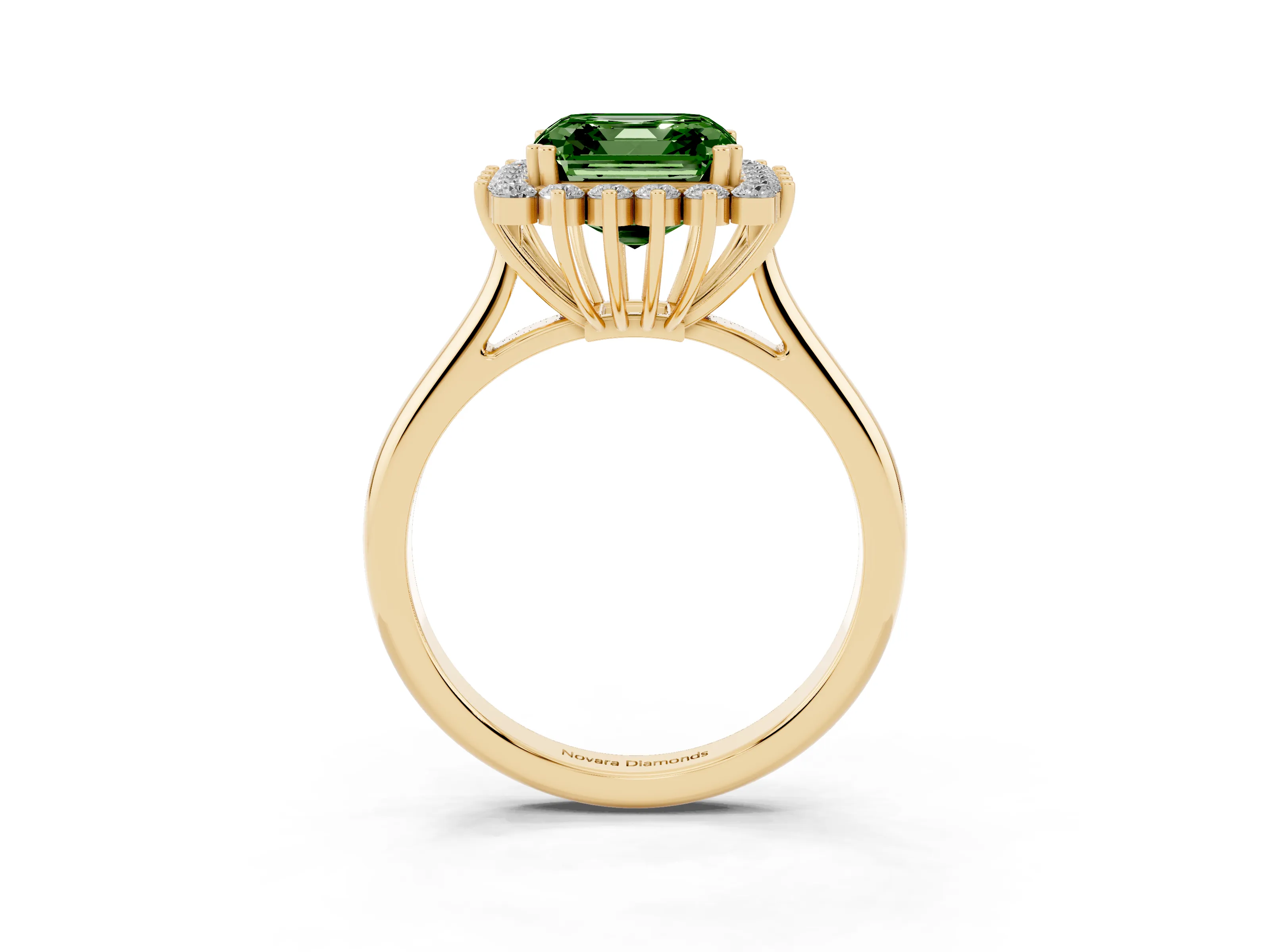 Fancy Green Asscher Cut Diamond Halo Ring Set in Yellow gold with Plain Solitaire Band and Prong Setting