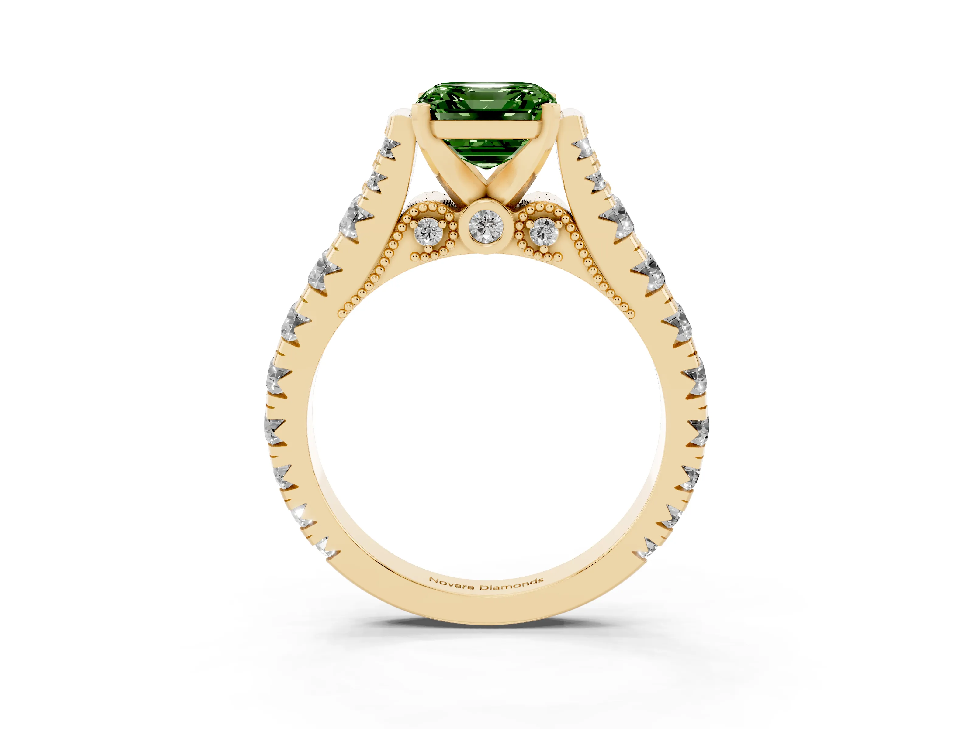 Fancy Green Asscher Cut Diamond Classic Solitaire Ring Set in Yellow gold with Pavé Band and Prong Setting