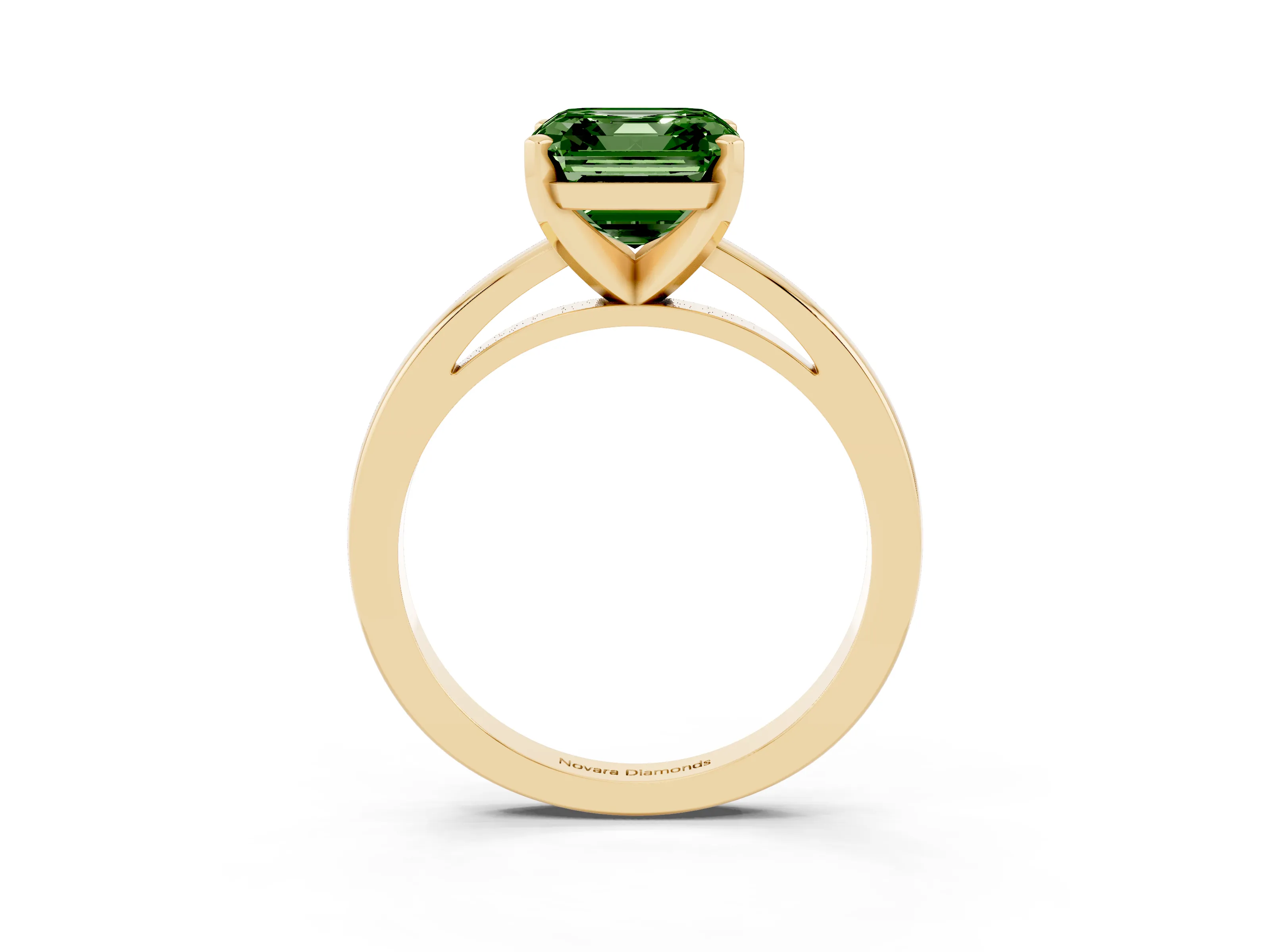 Fancy Green Asscher Cut Diamond Solitaire Engagement Ring Set in Yellow gold with Prong Setting on a Classic Band