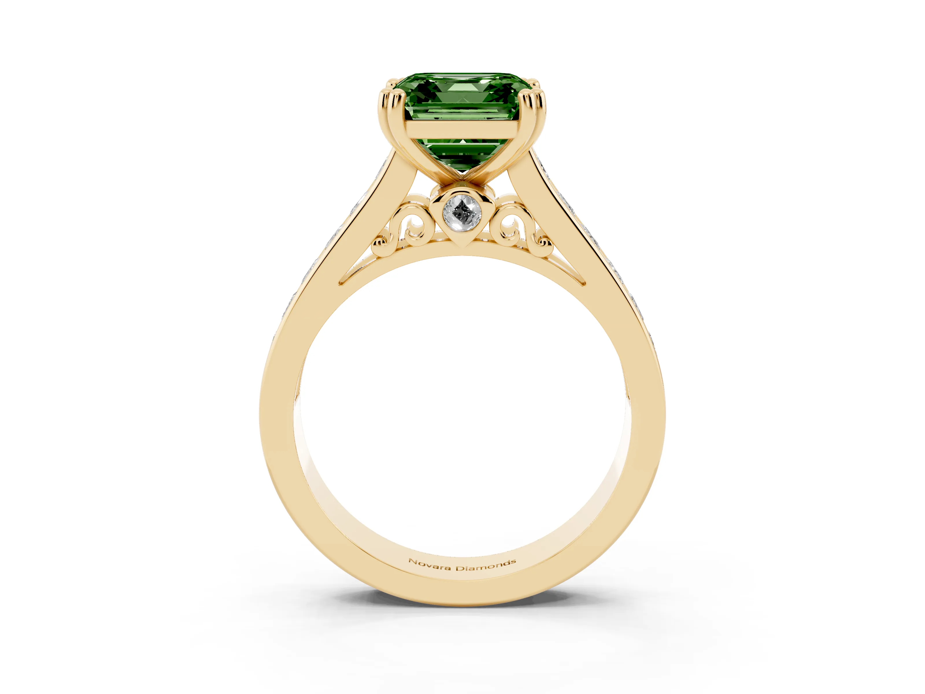 Fancy Green Asscher Cut Diamond Channel Set Solitaire Engagement Ring Set in Yellow gold with Prong Setting