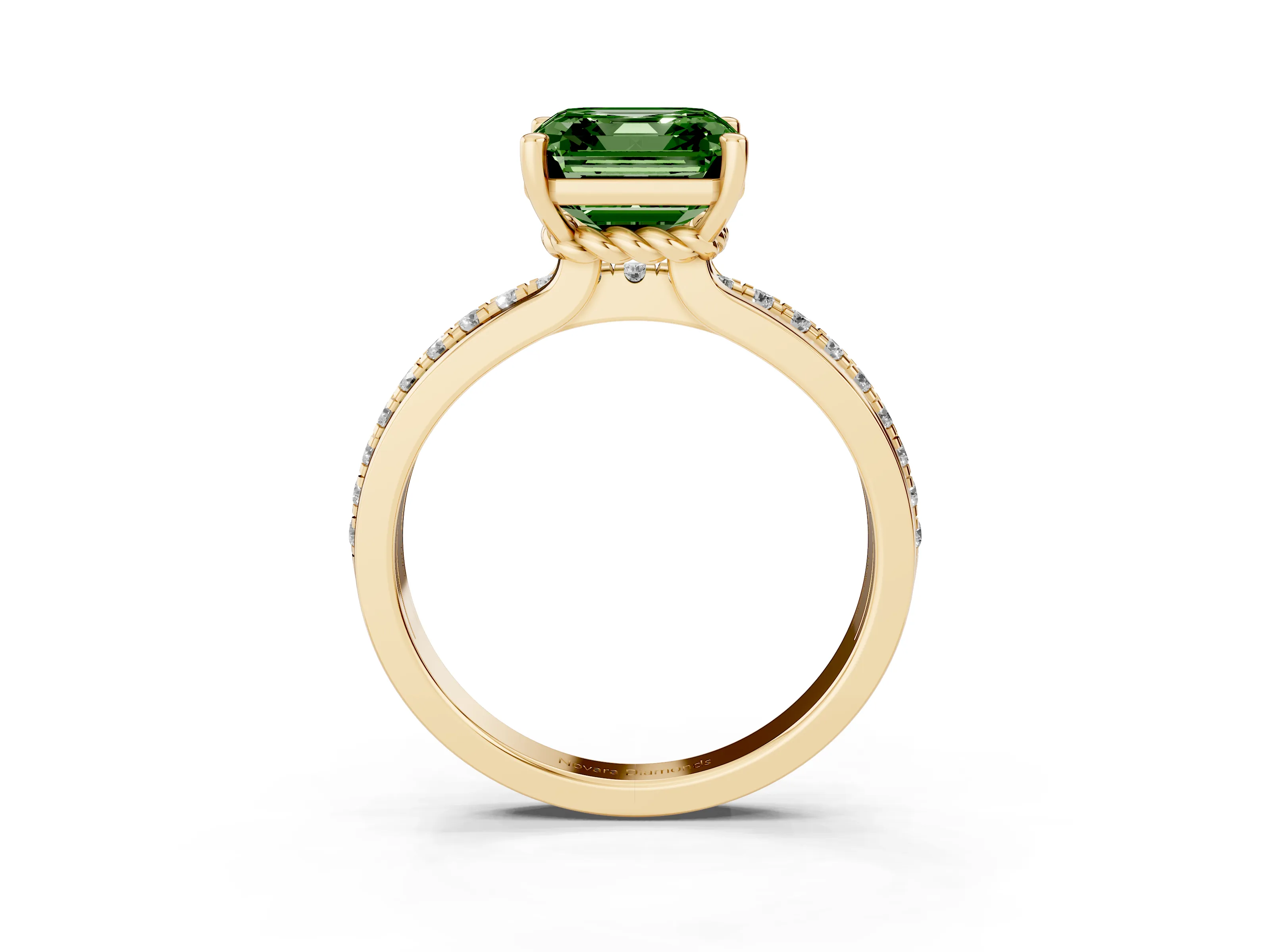 Fancy Green Asscher Cut Diamond Solitaire Ring Set in Yellow gold with Channel Set Band and Prong Setting
